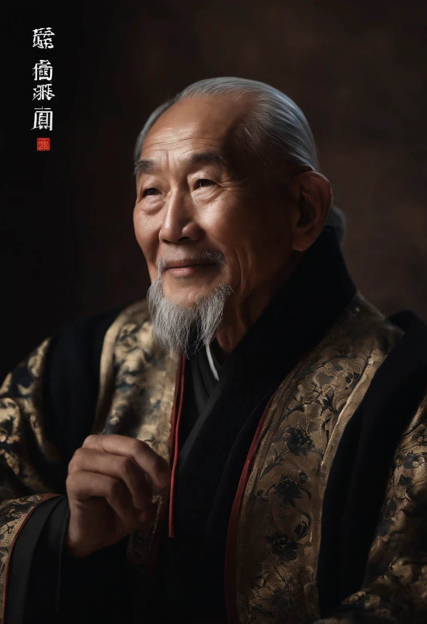 Portrait of a father,Wearing a black coat,Smiling,Middle of the lens,The background is a traditional Chinese painting,Men have no beards,Wise old man,An ancient Chinese elder,Center the photo,The character is centered,Sit,Real frontal photos,Face HD,The face is softly illuminated,Slight smile,The background is a bit dark,The interior is dimly lit,Background bokeh,Light shines on the face from the front,The face is evenly lit,Medium shot,Best quality,photographed