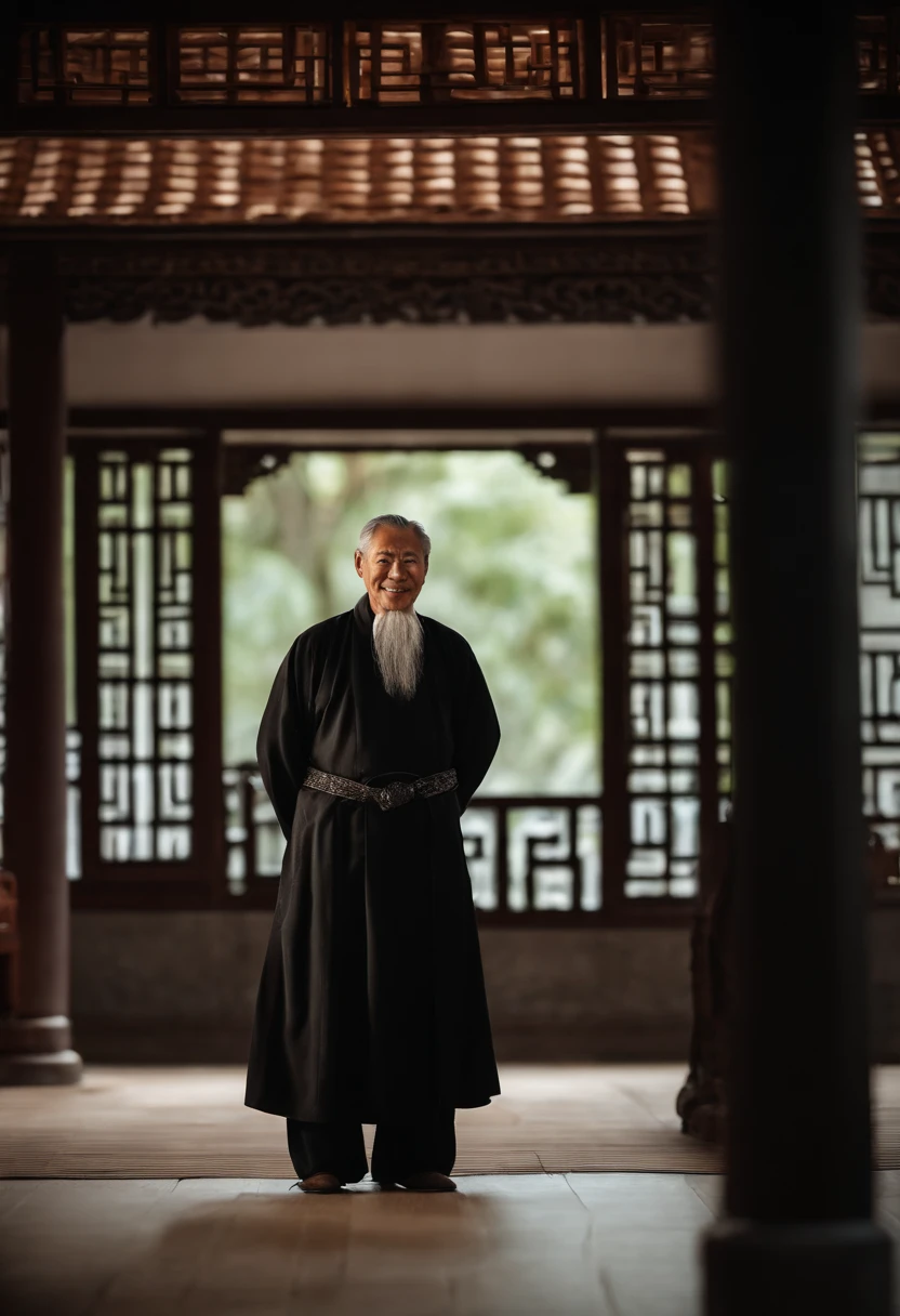 Portrait of a father,Wearing a black coat,Smiling,Middle of the lens,The background is a traditional Chinese painting,Men have no beards,Wise old man,An ancient Chinese elder,Center the photo,The character is centered,Sit,Real frontal photos,Face HD,The face is softly illuminated,Slight smile,The background is a bit dark,The interior is dimly lit,Background bokeh,Light shines on the face from the front,The face is evenly lit,Medium shot,Best quality,photographed