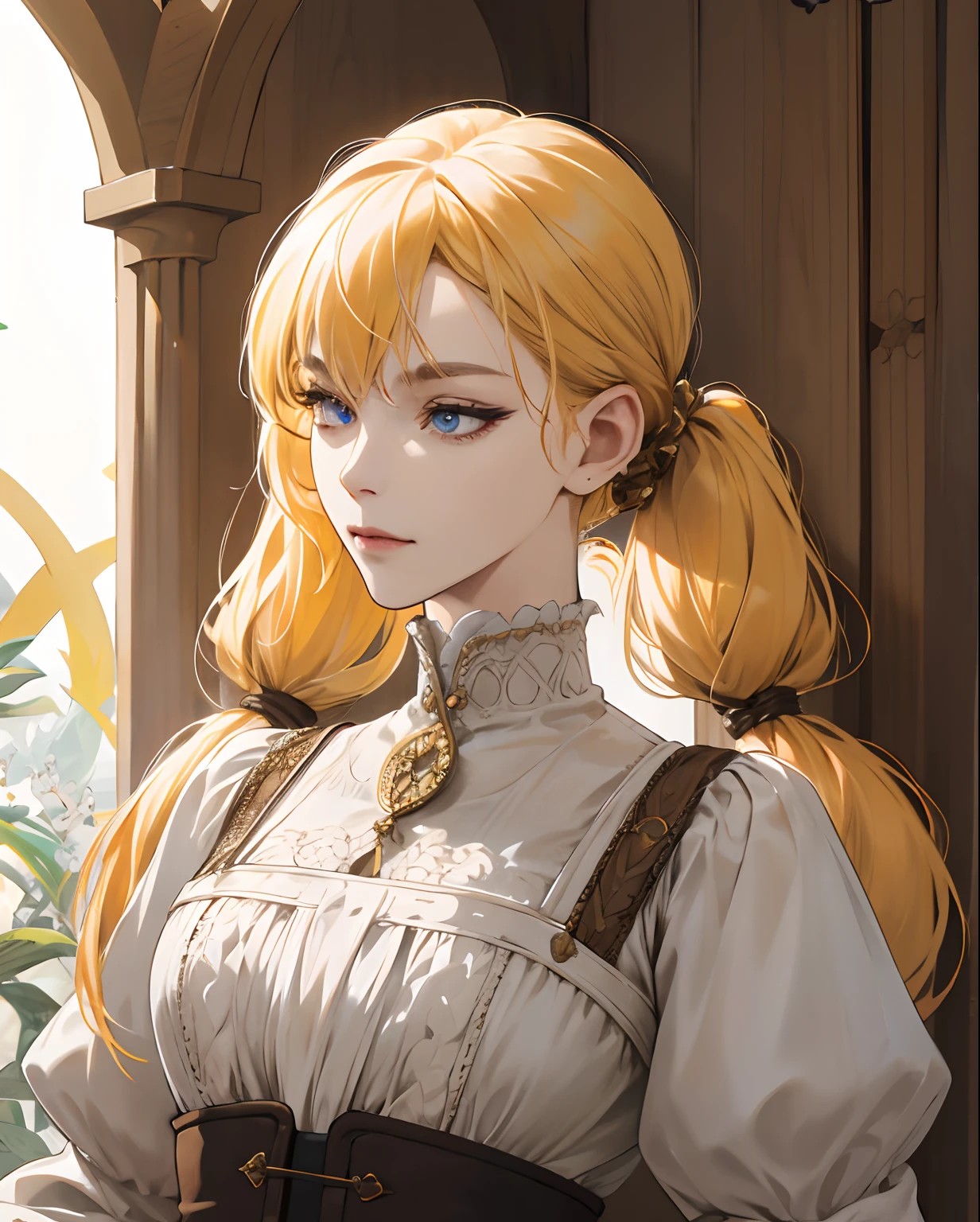 (absurd, highres, ultra detailed), 1girl, mature woman, intricate details, enlarged textures, intricate details, finely detailed eyes and detailed face, intricate details, honey yellow hair, (closed mouth), perfect eyes, matching eyes, low twintails, blue eyes, medieval Fantasy style clothing, fantasy style, noble dress, nobility dress, dress with skirt, white and brown dress