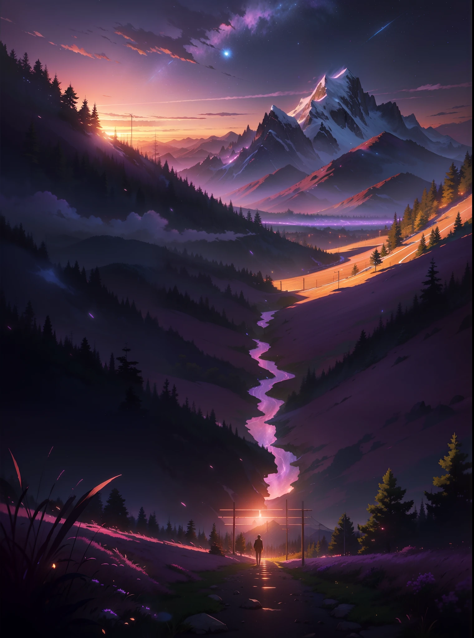The picture is bright and well lit. no humans. (((Makoto Shinkai style)),pixiv,anime drawing,high quality,pink purple sky,beautiful scene),(universe,train passing,magical realism,((makoto shinkai style)) ::0.8), [Artistic Atmosphere, Atmosphere:0.8, Starry Sky, Hills, Snow Mountain, Sparkling Water, Grass, Trees, Smoke, Stars, Low Angle of View, Specular Scattering,