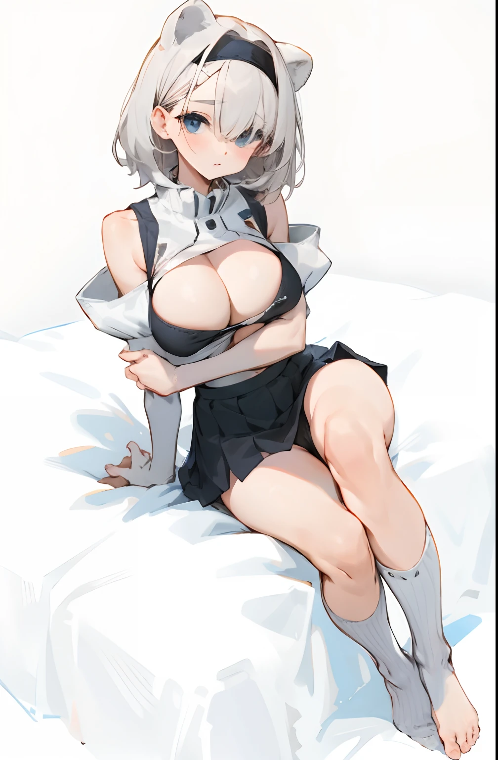 Bigboobs,Barefoot,cropped shoulders,knee length socks,pleatedskirt,Show your arms,
