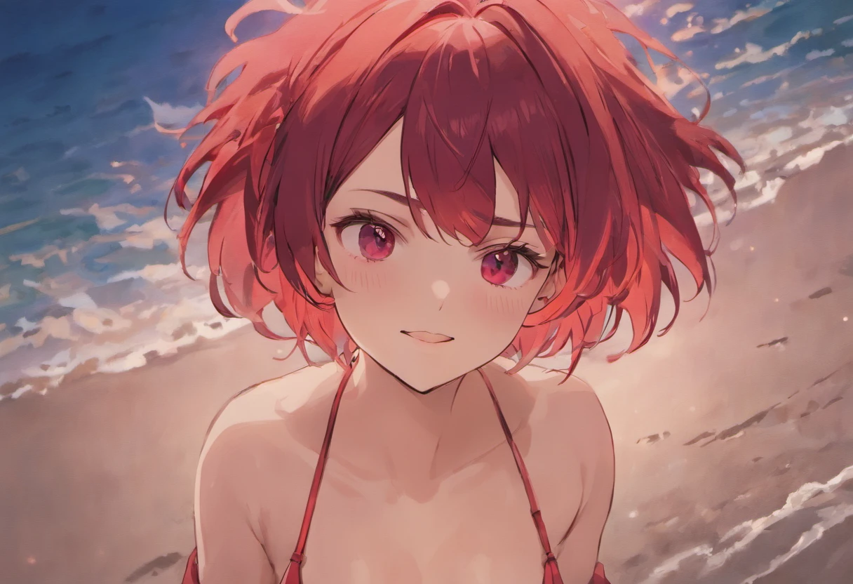 Ruby rose rwby, cute, innocent,looking at viewer, smiling, happy, outside, topless, NSFW, red panties, perky breasts, anime, hentai, beach