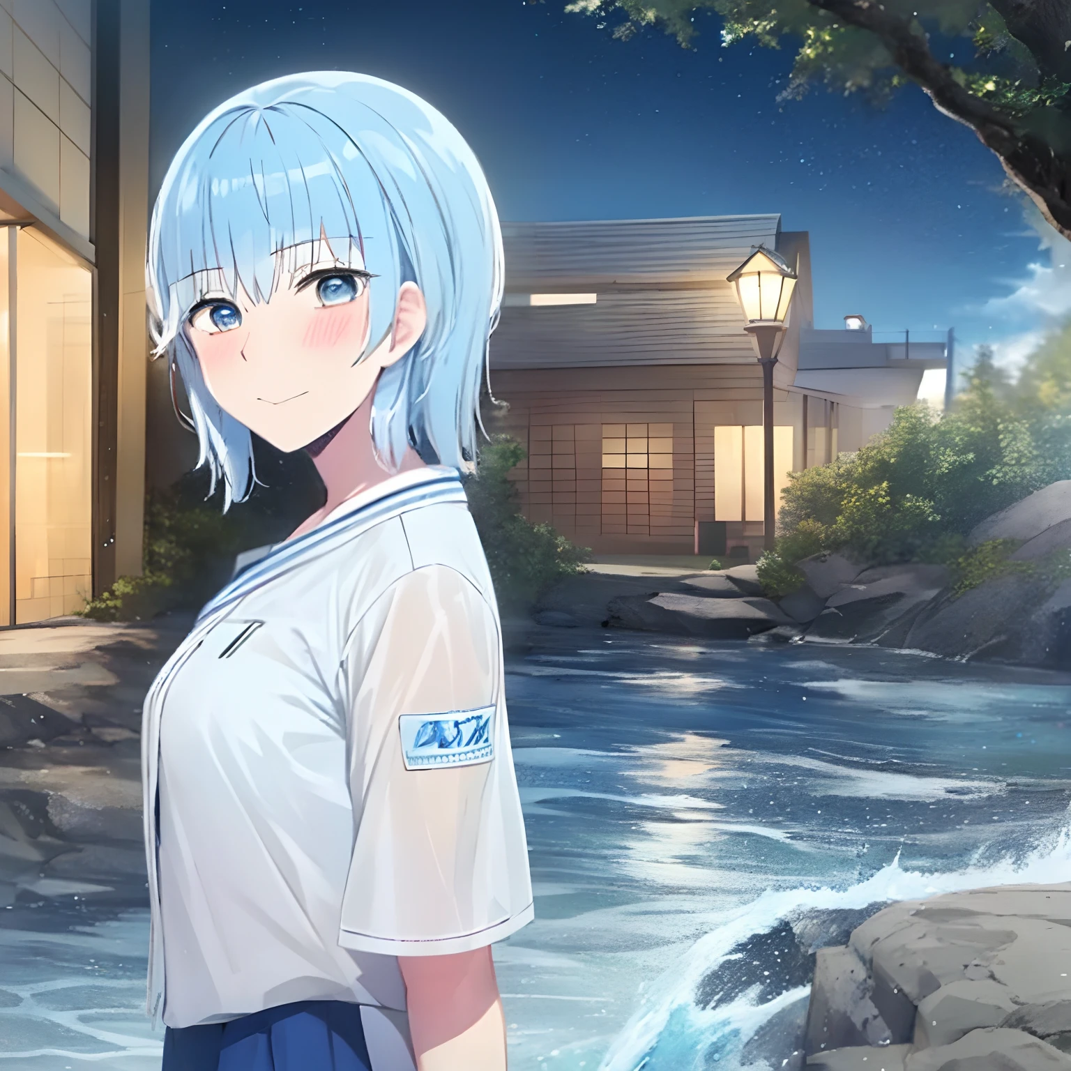 1girl, water Blue hair, White uniform,Kanaeru-Kobo