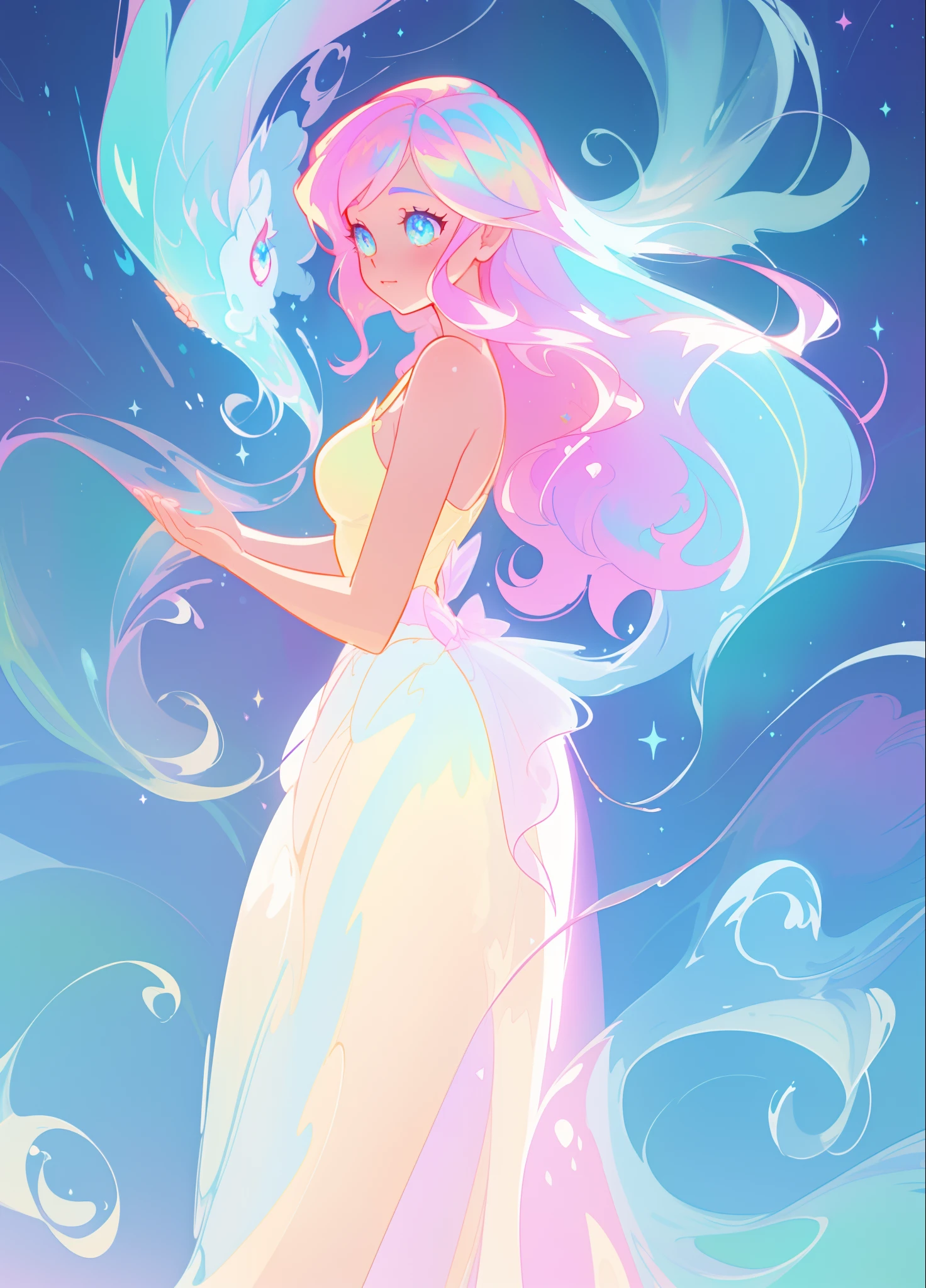beautiful girl, puffy white layered ballgown, vibrant pastel colors, (colorful), long colorful liquid hair, magical lights, sparkling magical liquid, inspired by Glen Keane, inspired by Lois van Baarle, disney art style, by Lois van Baarle, glowing aura around her, by Glen Keane, jen bartel, glowing lights! digital painting, flowing glowing hair, glowing flowing hair, beautiful digital illustration, fantasia background, whimsical, magical, fantasy, ((masterpiece, best quality)), intricate details, highly detailed, sharp focus, 8k resolution, sparkling detailed eyes, liquid watercolor