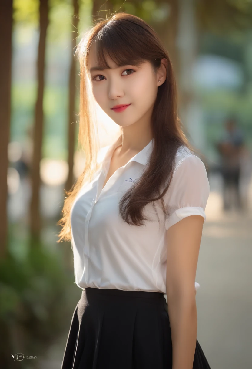 18 years old female, long hair, RAW photo, bokeh (realism: 1.4, realistic), high detail CG unified 8K wallpaper, 1girl, ((slim body: 1)), (small breasts: 1), back to viewer, ((direct view from the front)), (HQ skin: 1.4), 8k uhd, dslr, soft light, high quality, film grain, Fujifilm XT3, ((school uniform, short skirt,see through open skirt:1.5)), ((outdoor, at park))) jangjoo, portrait,((Layered short Haircut, black hire,small breast:1.2)),(looking at viewer:1.4),(full body:1.8)