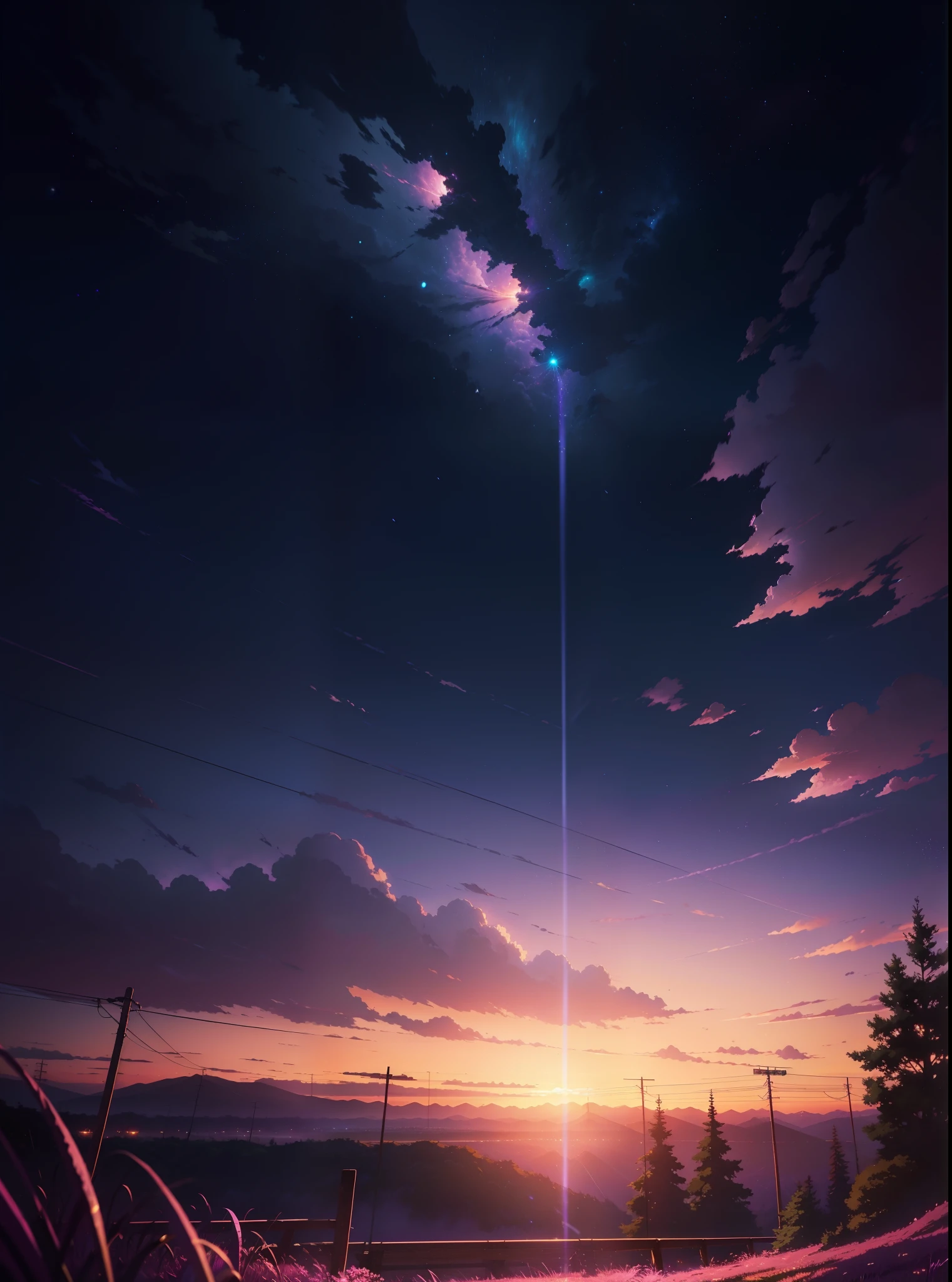 The picture is bright and well lit. no humans. (((Makoto Shinkai style)),pixiv,anime drawing,high quality,pink purple sky,beautiful scene),(universe,train passing,magical realism,((makoto shinkai style)) ::0.8), [Artistic Atmosphere, Atmosphere:0.8, Starry Sky, Hills, Snow Mountain, Sparkling Water, Grass, Trees, Smoke, Stars, Low Angle of View, Specular Scattering,