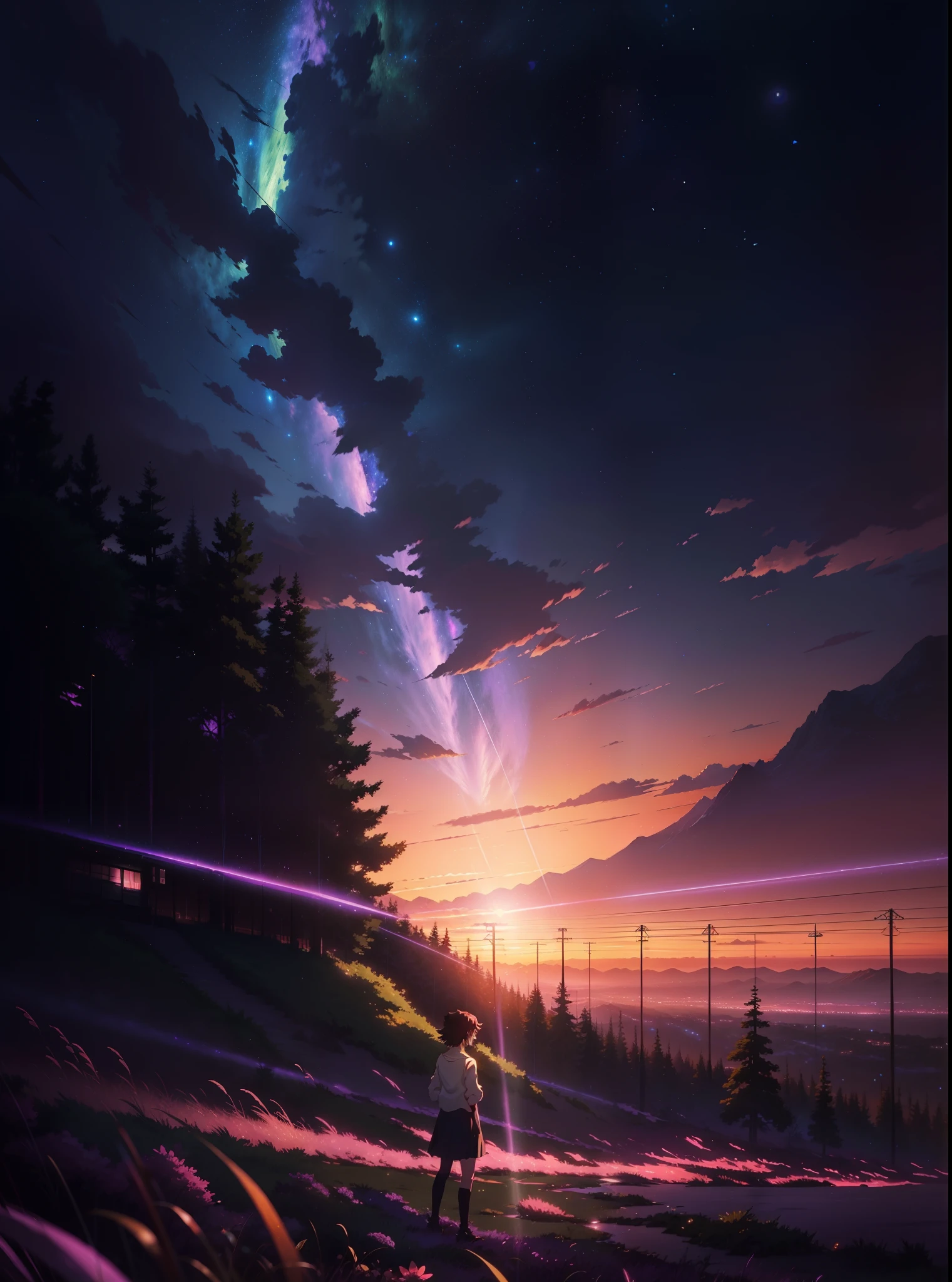 The picture is bright and well lit. no humans. (((Makoto Shinkai style)),pixiv,anime drawing,high quality,pink purple sky,beautiful scene),(universe,train passing,magical realism,((makoto shinkai style)) ::0.8), [Artistic Atmosphere, Atmosphere:0.8, Starry Sky, Hills, Snow Mountain, Sparkling Water, Grass, Trees, Smoke, Stars, Low Angle of View, Specular Scattering,