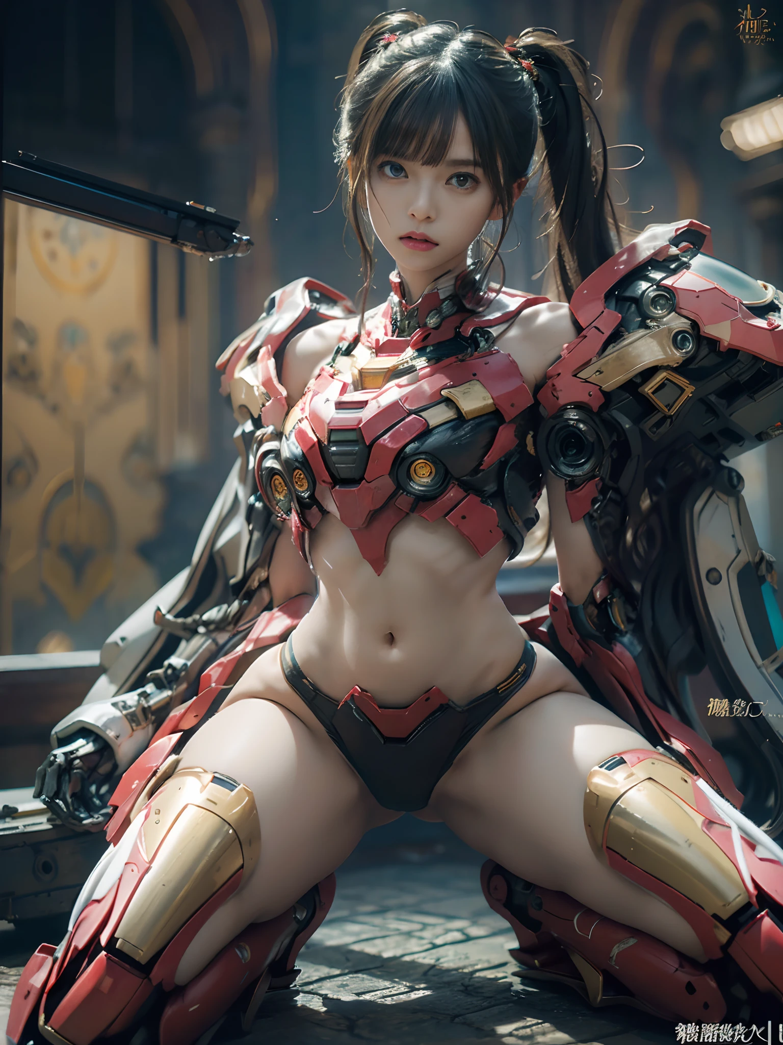 Intricate details, Super Intricate Details, (navel-baring) (Big Gem: 1.3), (girl_Standing_beside_droid:1.2), Girls, ultra gigantic tits、((Chest valley))、(Perfect detail face, Detailed eyes), BREAK Robot, (Giant Mech, Red and black armor, Blue eyes, Holding a rifle), Starry sky, sky line, Kamen Rider, (Gundam: 1.4), Gold Saint Seiya, Marvel movie Iron Man, (mechs) (Mechanical) (armor), professional RAW color photos, (Back Corner), (Lie down and raise your legs to expose your buttocks: 1.5), (cum on the body, Shoot in the chest, Face, For hair): 1.2) (itting open legs: 1.3), Perfect, (Wide Angle), (Rule of Threes), perfect leg, (Pendants) (Color Gemstones) Knee flexion, perfect foot, Panties close-up, Sweat, water dripping, Best Quality, masutepiece, Super Resolution, (reality: 1.4), 1 girl, Bare shoulders, crazy detail details, (Hip Fold: 1.5), lower chest, Side chest, Unrealistic Engine Style, Boca Effect, David La Chapelle style shots, Bioluminescent color palette: Lilac, Pale gold, Pale pink, bright white, Wide Angle, Ultra-fine, cinematic still life, Vibrant, saquimica style, Perfect eyes, highest image quality 16K, inspired by Canon EOS R 6 "Chaos 50,--, Harry Winston A masterpiece of mole photography under the eyes, Ray tracing, surrealism, Textured skin