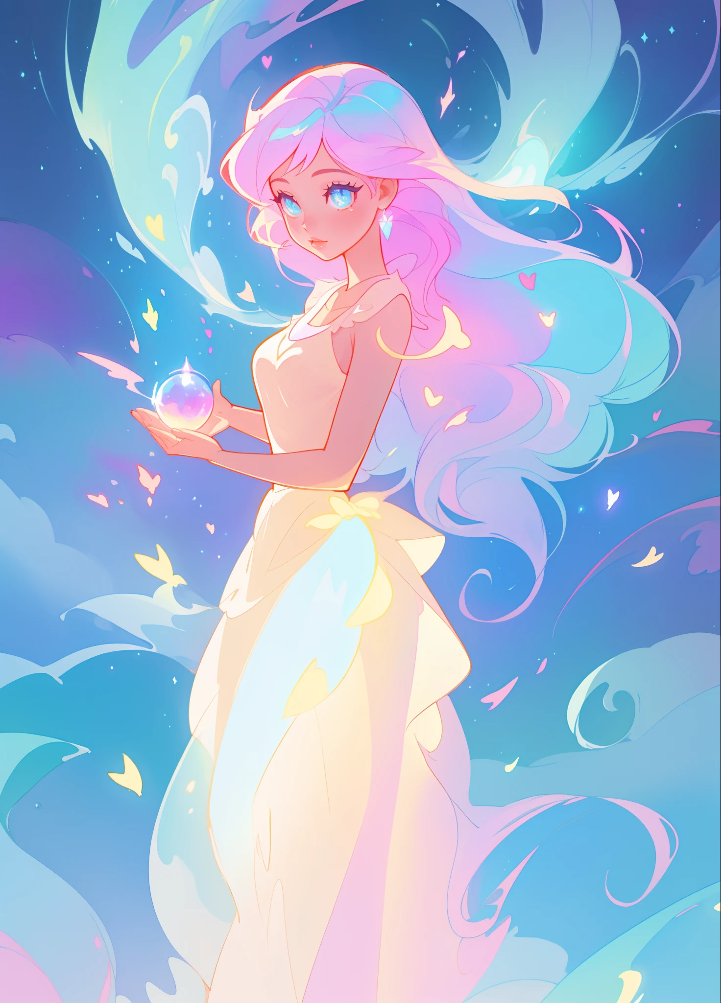 beautiful girl, puffy white layered ballgown, vibrant pastel colors, (colorful), long colorful liquid hair, magical lights, sparkling magical liquid, inspired by Glen Keane, inspired by Lois van Baarle, disney art style, by Lois van Baarle, glowing aura around her, by Glen Keane, jen bartel, glowing lights! digital painting, flowing glowing hair, glowing flowing hair, beautiful digital illustration, fantasia background, whimsical, magical, fantasy, ((masterpiece, best quality)), intricate details, highly detailed, sharp focus, 8k resolution, sparkling detailed eyes, liquid watercolor