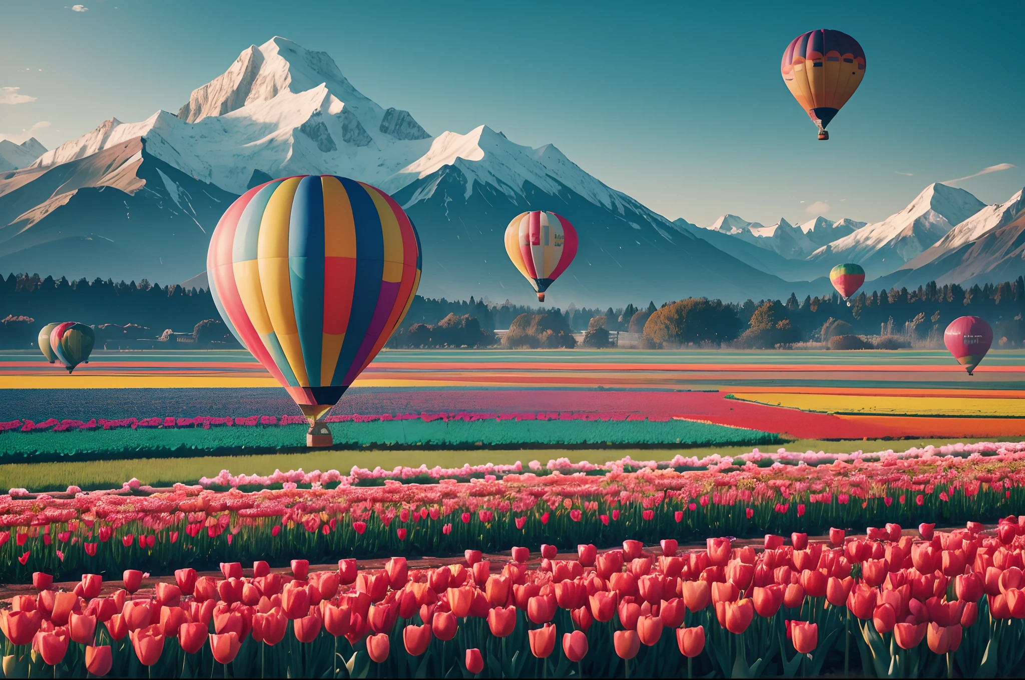 A colourful big hot air ballon floating over a plantation of tulips, snow mountains on the background, sunny morning od spring.Higly detailed