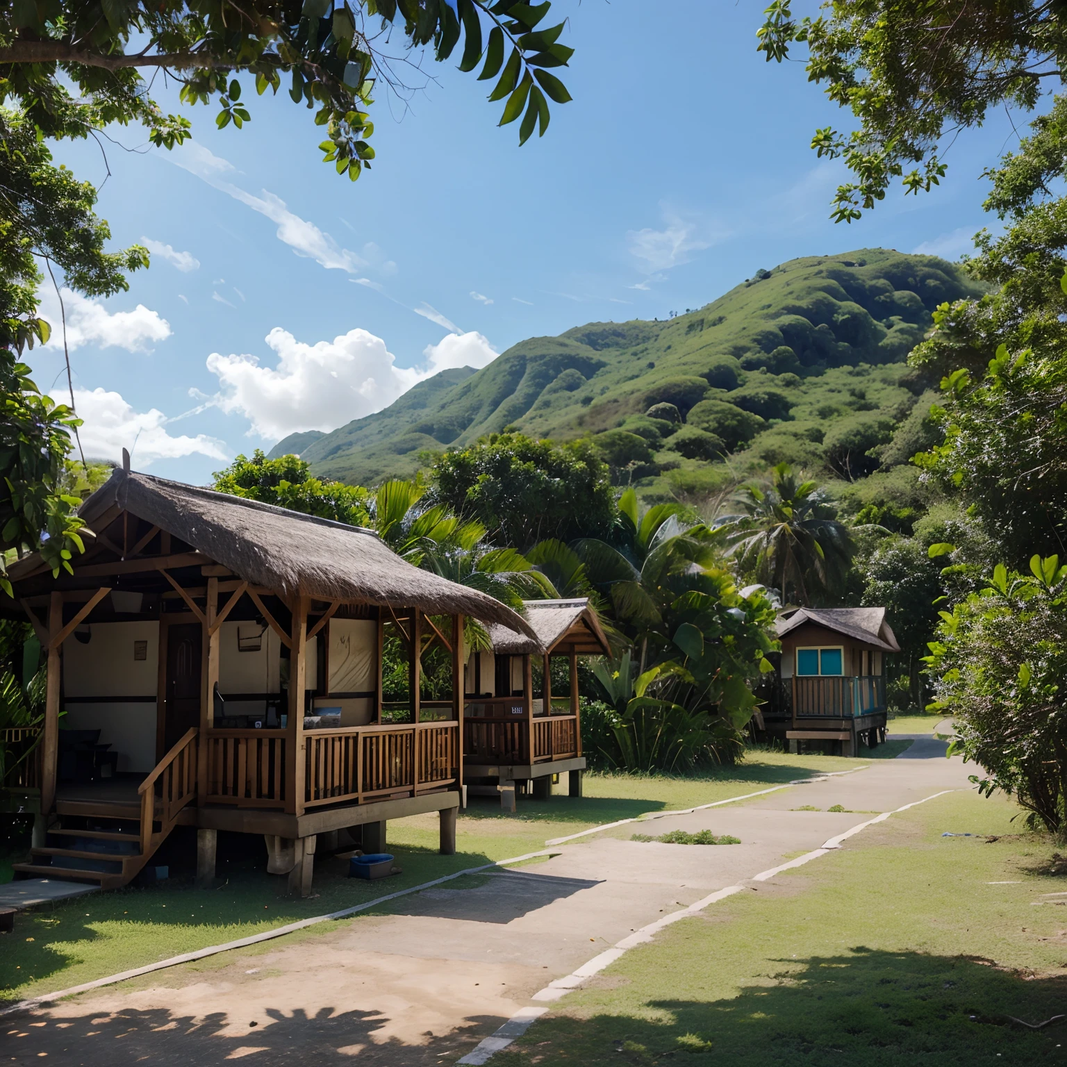 lush greenery, islands, huts, small community