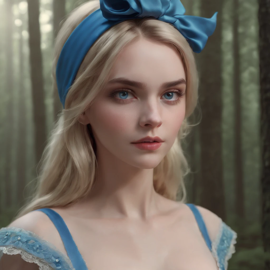 (professional 3d render:1.3) af (Realistic:1.3) most beautiful artwork photo in the world,Features soft and shiny female, ((Epic fantasy Alice in Wonderland, strong powerful female look, long blonde hair, piercing eyes and determined expression in dynamic pose, Fantastic location, Majestic dark spooky forest)), full body 8k unity render, action shot, skin pore, very dark lighting, heavy shading, Detailed, Detailed face, (vibrant, photograph realistic, Realistic, Dramatic, Dark, Sharp focus, 8K), (Blue dress in style of Alice slightly damaged and worn:1.4), ((((blue headband)))), (Intricate:1.4), decadent, (Highly detailed:1.4), Digital painting, rendering by octane, art stations, concept-art, smooth, Sharp focus, illustration, Art germ, (loish:0.23), wlop ilya kuvshinov, and greg rutkowski and alphonse mucha gracias and Tim Burton, (Global illumination, Studio light, volumettic light), heavy rain, particles floating, lotr, fantasy, elf, full bodyesbian, ((Dark and spooky forest background:1.3)),CGSesociety, art stations