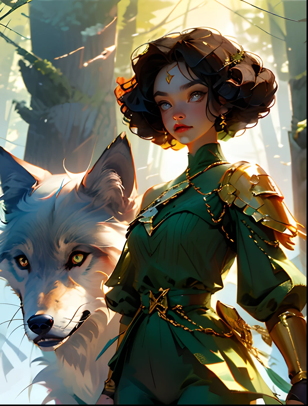 I uploaded an image of a short character with curly black hair, Holding a golden sword in the middle of a forest is a wolf