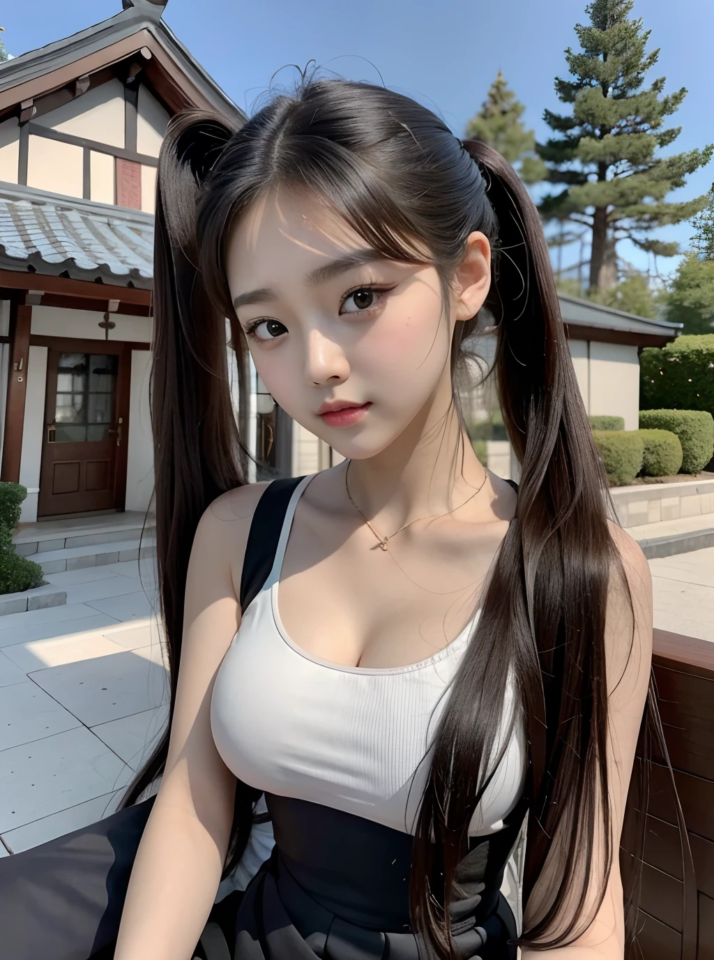 There is a woman taking a selfie in front of her house, popular south korean makeup, flaxen ponytail、Large breasts in a tank top、sleeve less、sleeveless、pastel clothing、a miniskirt、Beautiful waist、Beauty navel、Popular sa々Kaki's makeup, Young adorable Thai face,, One adorable Japan human face, with round face, beautiful aesthetic face, Young cute asian girl, 8K selfie photo