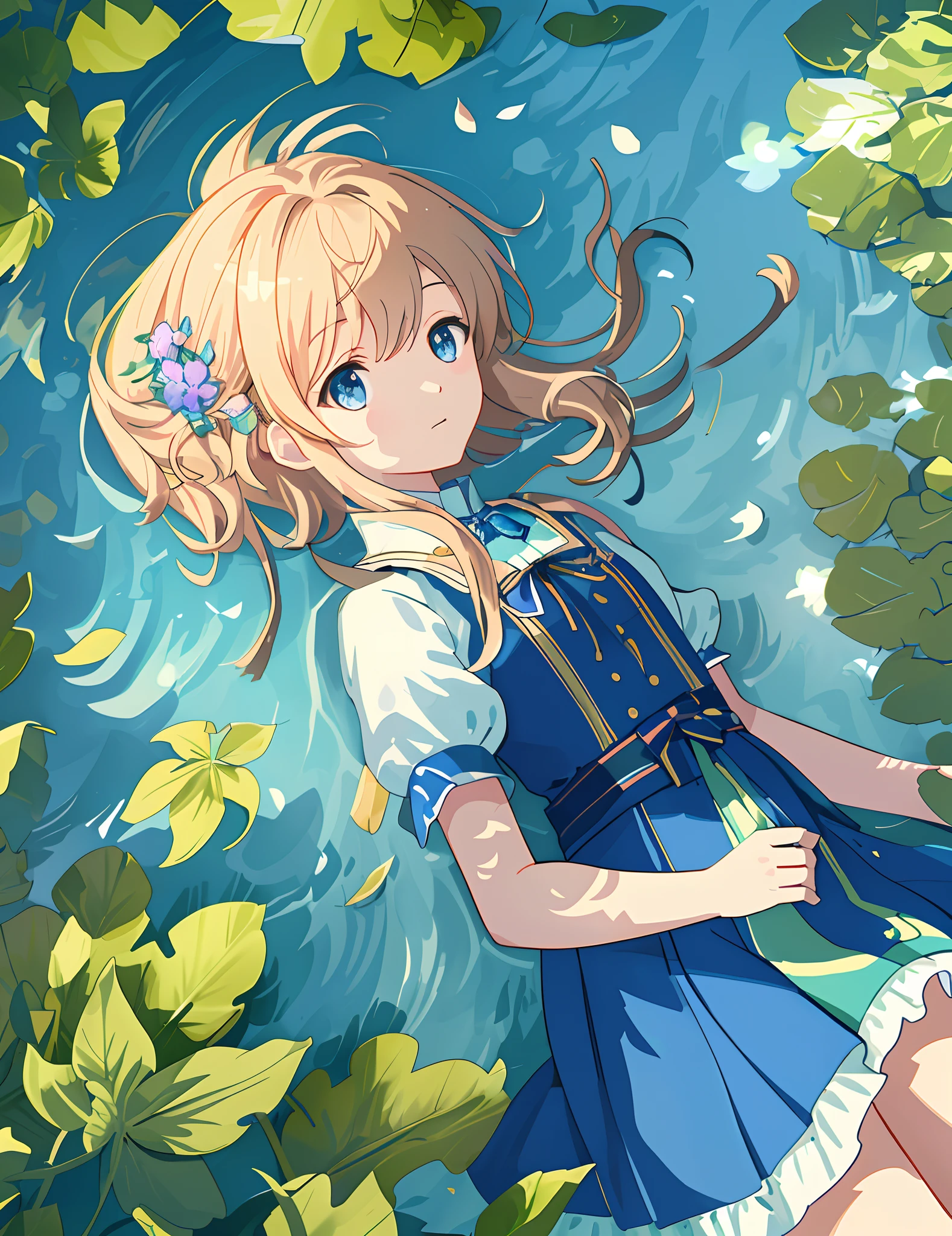 Masterpiece, best quality, (very detailed CG unity 8k wallpaper) (best quality), (best illustration), (best shadows) Nature', blue sea,delicate leaves petals of various colors falling in the air light Tracking, super detailed