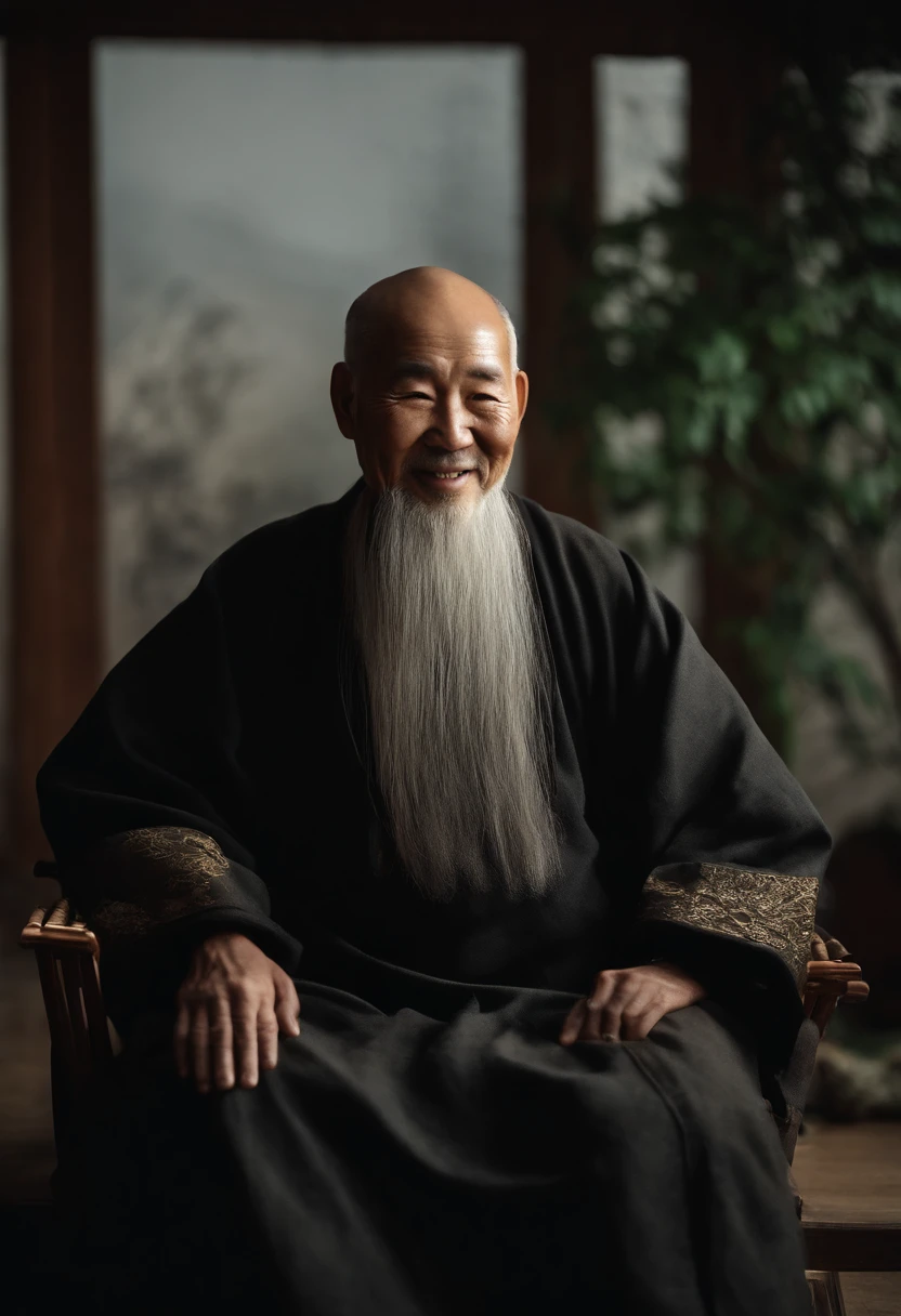 Wearing a black coat，Smiling，The background is a traditional Chinese painting，Men have no beards，Wise old man，An ancient Chinese elder，Center the photo，The character is centered，Sit，Real frontal photos，Face HD，The face is softly illuminated，The background is a bit dark，Background bokeh，Light shines on the face from the front，The face is evenly lit，Medium shot，Best quality，photographed