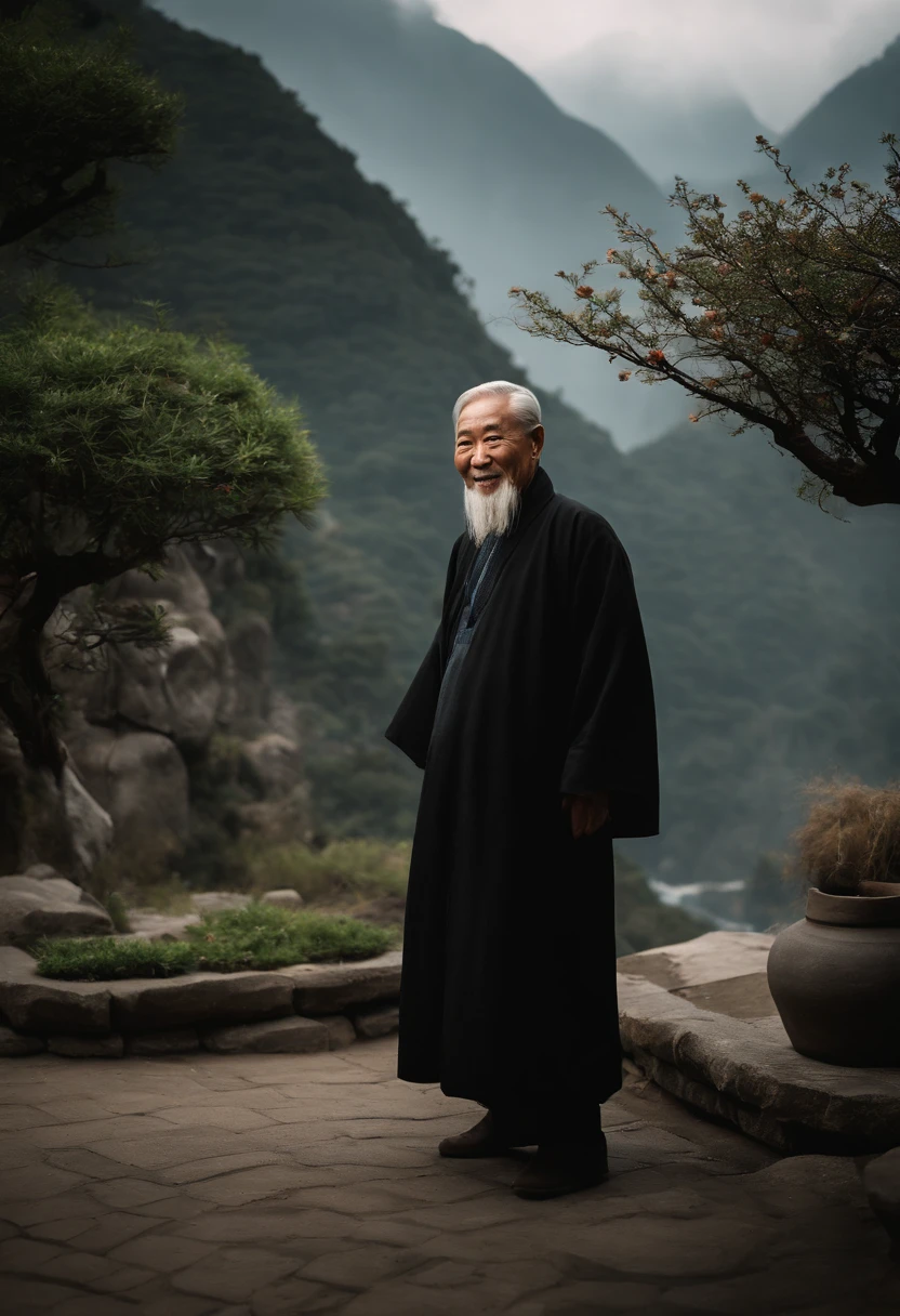 Wearing a black coat,Smiling,The background is a traditional Chinese painting,Men have no beards,Wise old man,An ancient Chinese elder,Center the photo,The character is centered,Sit,Real frontal photos,Face HD,The face is softly illuminated,The background is a bit dark,Background bokeh,Light shines on the face from the front,The face is evenly lit,Medium shot,Best quality,photographed