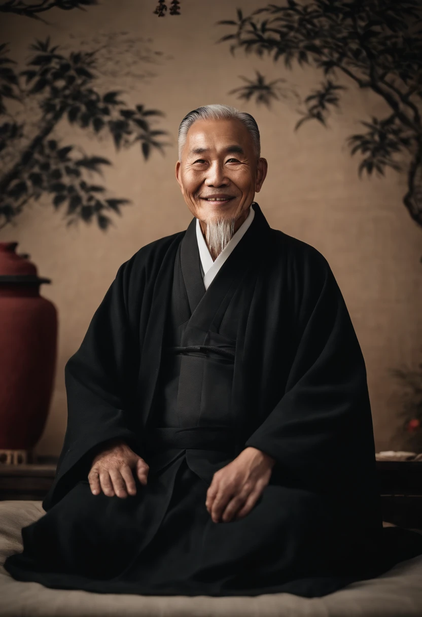 Wearing a black coat,Smiling,The background is a traditional Chinese painting,Men have no beards,Wise old man,An ancient Chinese elder,Center the photo,The character is centered,Sit,Real frontal photos,Face HD,The face is softly illuminated,The background is a bit dark,Background bokeh,Light shines on the face from the front,The face is evenly lit,Medium shot,Best quality,photographed