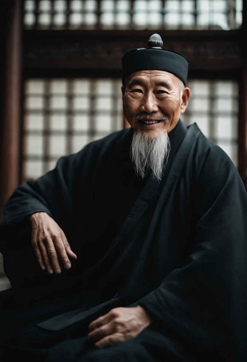 Wearing a black coat,Smiling,The background is a traditional Chinese painting,Men have no beards,Wise old man,An ancient Chinese elder,Center the photo,The character is centered,Sit,Real frontal photos,Face HD,The face is softly illuminated,The background is a bit dark,Background bokeh,Light shines on the face from the front,The face is evenly lit,Medium shot,Best quality,photographed
