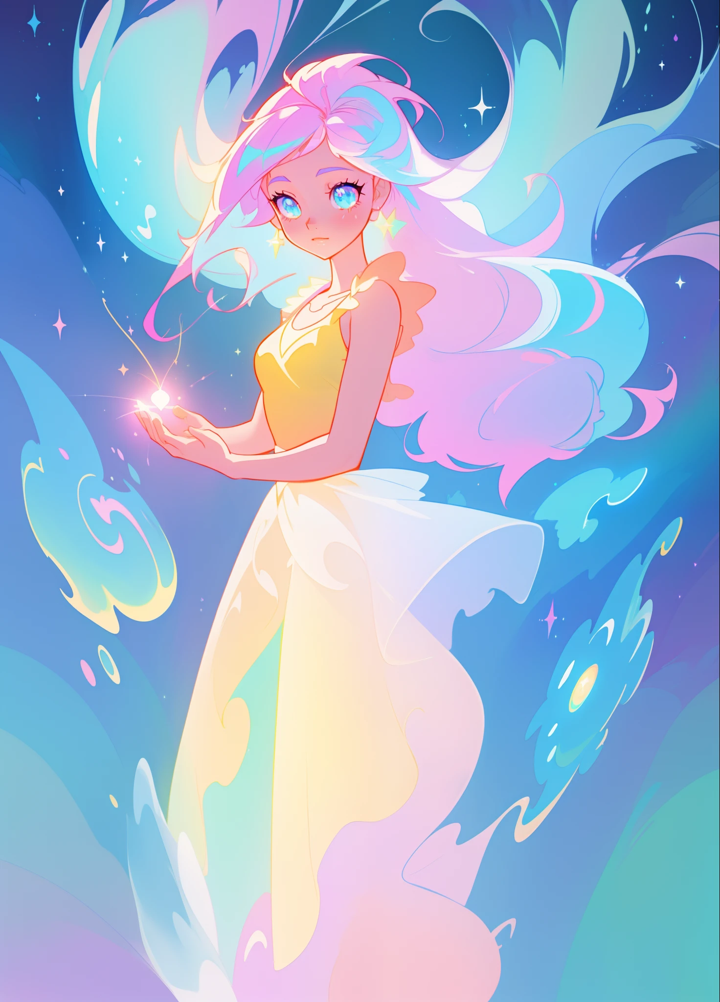 beautiful girl, puffy white layered ballgown, vibrant pastel colors, (colorful), long colorful liquid hair, magical lights, sparkling magical liquid, inspired by Glen Keane, inspired by Lois van Baarle, disney art style, by Lois van Baarle, glowing aura around her, by Glen Keane, jen bartel, glowing lights! digital painting, flowing glowing hair, glowing flowing hair, beautiful digital illustration, fantasia background, whimsical, magical, fantasy, ((masterpiece, best quality)), intricate details, highly detailed, sharp focus, 8k resolution, sparkling detailed eyes, liquid watercolor