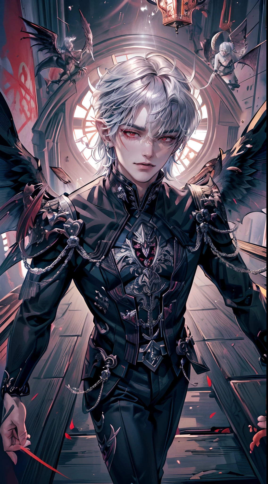 ((4K works))、masterpiece、(top-quality)、((high-level image quality))、((One Beautiful Fallen Angel Man))、((King of Fallen Angels))、Slim body、((Vampire Black Y-Shirt Fashion))、(Detailed beautiful eyes)、((Fantastic English corridor))、Corridors in an evil English castle、((Face similar to Chaewon in Ruseraphim))、((Fallen Angel Longhair))、(((bright silver hair)))、((Smaller face))、((Neutral face))、((Evil face))、((Red Eyes))、((Korean Male))、((50 years old))、((wild boy))、((Evil look))、((angry expressions))、((Show your teeth and smile))、((Korean makeup with black eyeshadow))、((elongated and sharp eyes))、((Shot alone))、((Fallen angels))、Photos of fallen angels、Villain、Dark Proof、((Shot from diagonally in front))、((He is walking in front of the viewer))