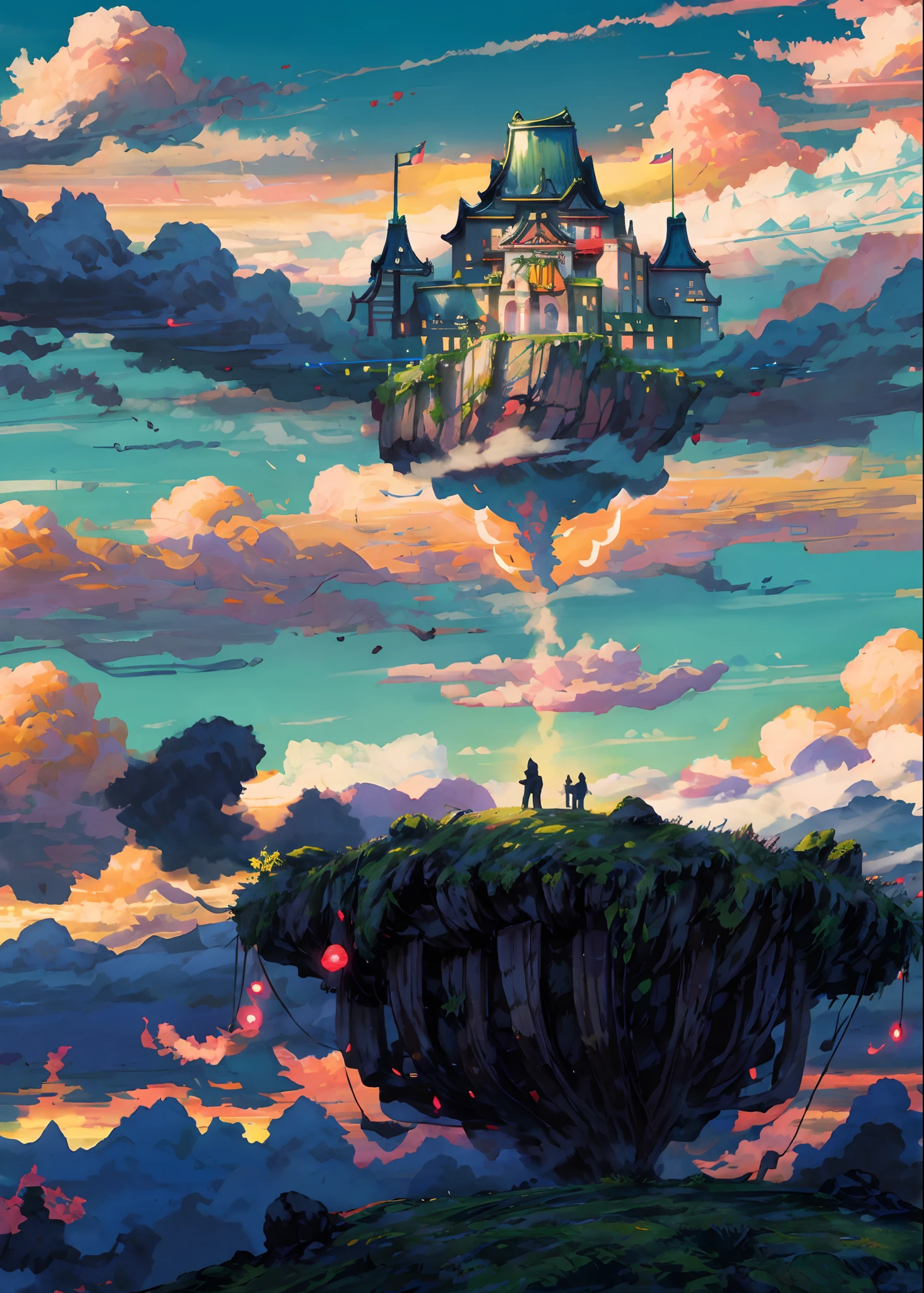 "A majestic castle on a floating sky island, reminiscent of a japanese-style fortress, suspended above fluffy clouds, basking in the warm glow of the sun, radiating vibrant colors. Masterpiece."