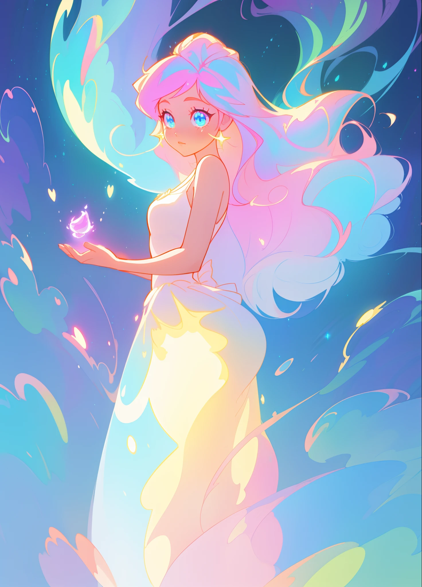 beautiful girl, puffy white layered ballgown, vibrant pastel colors, (colorful), long colorful liquid hair, magical lights, sparkling magical liquid, inspired by Glen Keane, inspired by Lois van Baarle, disney art style, by Lois van Baarle, glowing aura around her, by Glen Keane, jen bartel, glowing lights! digital painting, flowing glowing hair, glowing flowing hair, beautiful digital illustration, fantasia background, whimsical, magical, fantasy, ((masterpiece, best quality)), intricate details, highly detailed, sharp focus, 8k resolution, sparkling detailed eyes, liquid watercolor
