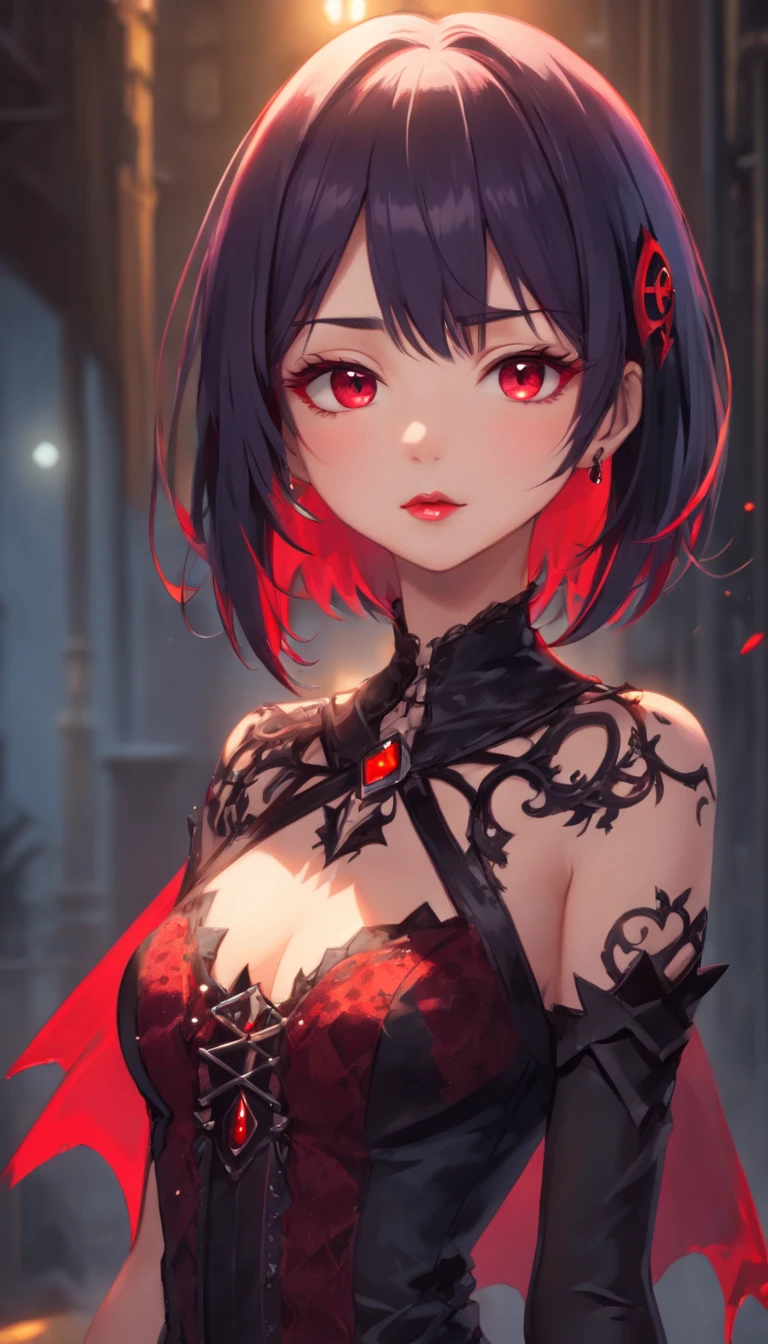 ((goth woman)), (((cuerpo compleo))), (((pose dinamica))), (((Hermosa reina vampiro))), chica vampiro, gothic horror vibes, Hermosa reina vampiro femenina, El arte al estilo de Guvez, dark fantasy mixed with realism, Gothic girl shoujo anime, gothic aesthetic, [Arte digital 4K]，la lengua se relame la sangre de sus labios, cabello largo y ondulado, 8k, Dynamic natural lighting, volumetric mist, hiperrealista, Detalles intrincados, DSLR, alta calidad, Trazado de rayos, NVIDIA RTX, Super-Resolution, Film grain, (((pechos grandes y deallados))), artstation inspiration, luces cinematicas, ((cuerpo completo)), (((chica cuerpo de modelo))), Motor ultra realista con detalles intrincados, long exposure time, rewarded photography, ((((Piernas ultra detalladas)))), (((cintura ultra detallada)))), Ultra-detailed photography with great depth of field, (((calidad superior, obra maestra: 1.3)))), foco nítido: 1. 2, (((Chica extremadamente hermosa con figura perfecta: 1.4)))), analogous colors, Sombras brillantes, Hermoso gradiente, profundidad de campo, Imagen limpia, alta calidad, Alto detalle, luces del atardecer, rayos del sol sobre su rostro, HDR, (((precioso vestido gotico de encajes ultradetallado de colores negros, rojos y dorados))), ((collar de zafiros y rubies digno de una reina))), pecho grande y detallado, piel blanca,