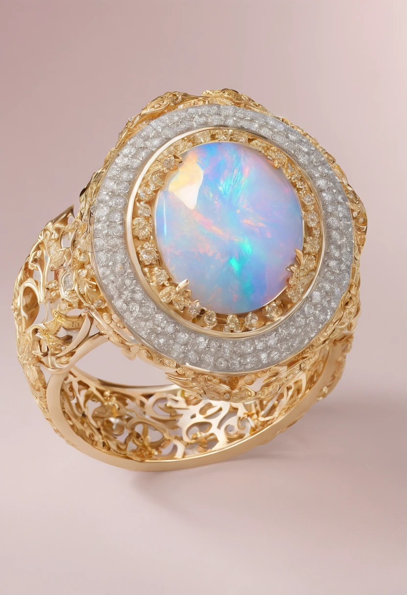 (Close-up of gold and silver ring design), Set with gorgeous gravel opals,Delicate rings,Silver, Intricate details,Trendy,modern,Contemporary,Exquisite ultra-fine details,Soft lighting,High-end quality,Popular luxury goods,intricate highly detailed 8 k, hyper realistic detailed rendering, ornate jewelry, jewelry photography, Gilded and diamond, intricate 8 k render