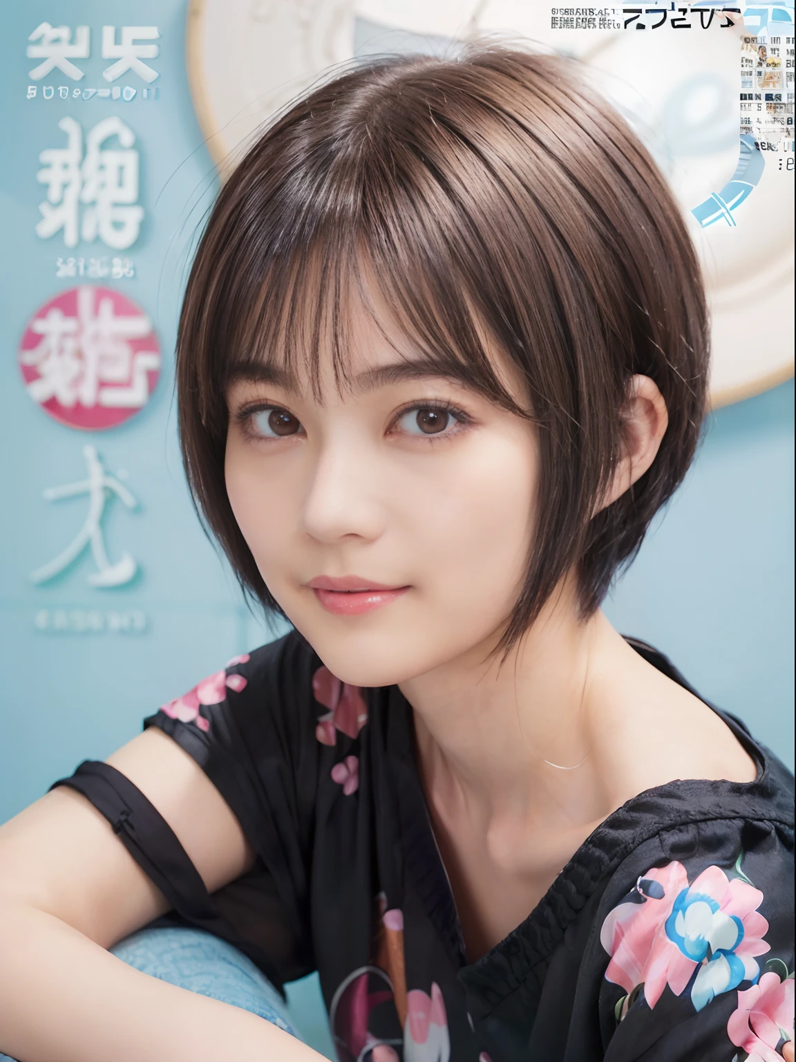 57
(a 20 yo woman), (A hyper-realistic), (masutepiece), (Short bob cut:1.46), Hairstyle with visible ears, (Breast), kindly smile, (Graphic wetwear with anime characters printed on it)