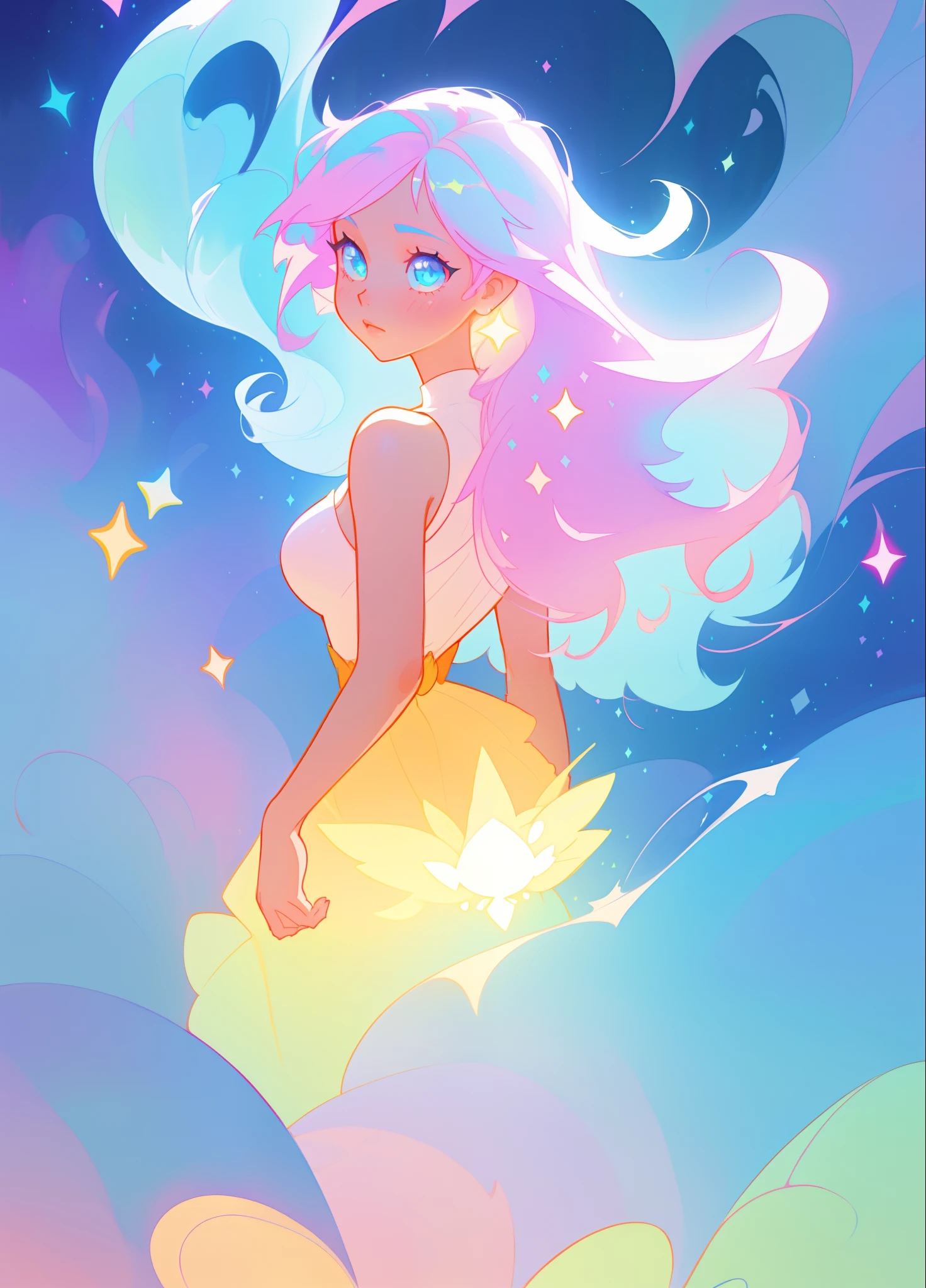 A stunningly ethereal woman, composed of a dazzling array of rainbow hues, lays gracefully on fluffy clouds in the sky. Bathed in dynamic and enchanting rainbow lighting, accentuates her vibrant, full-bodied form. Fantasy art. Masterpiece 