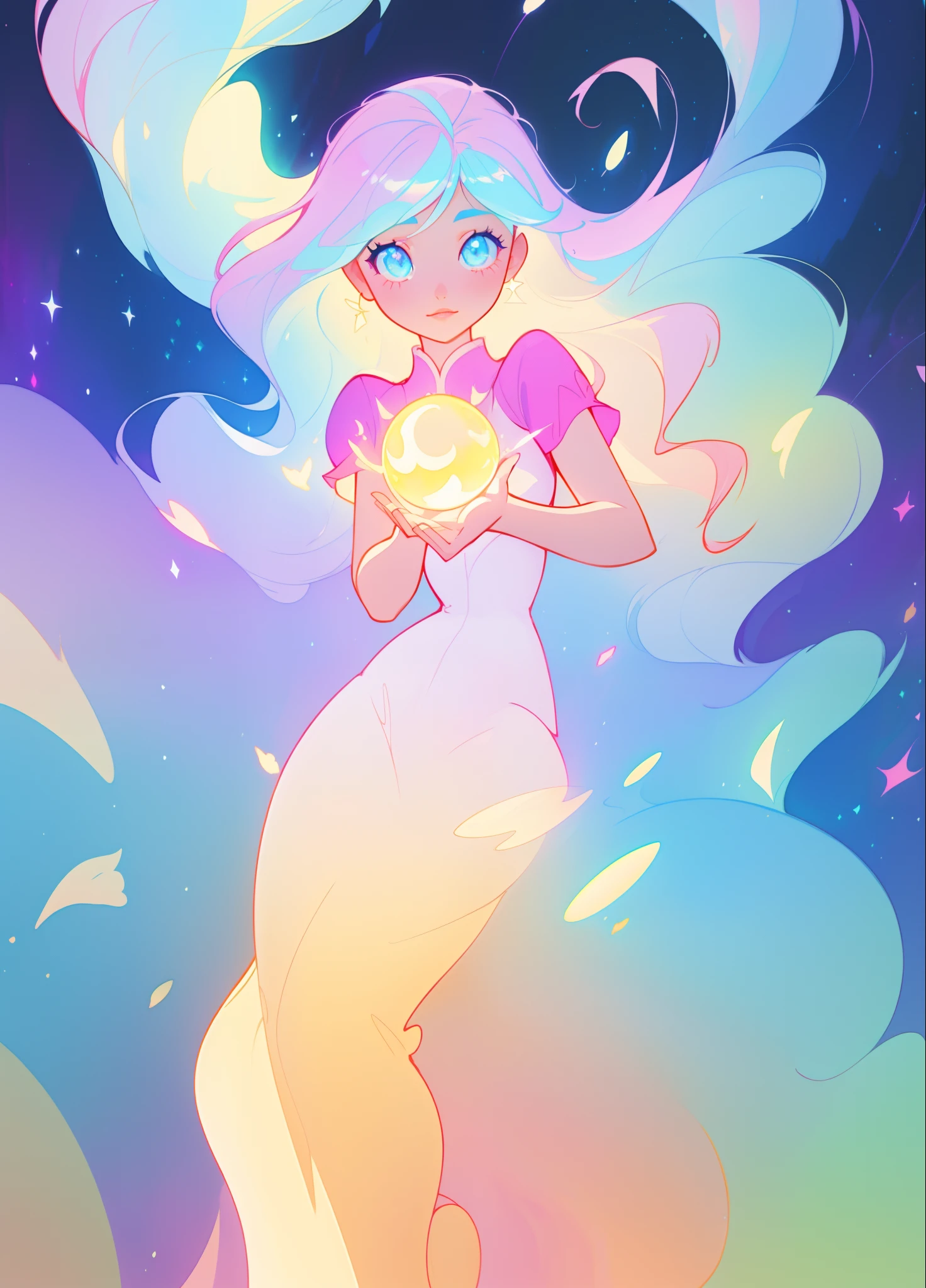 beautiful girl, puffy white layered ballgown, vibrant pastel colors, (colorful), long colorful liquid hair, magical lights, sparkling magical liquid, inspired by Glen Keane, inspired by Lois van Baarle, disney art style, by Lois van Baarle, glowing aura around her, by Glen Keane, jen bartel, glowing lights! digital painting, flowing glowing hair, glowing flowing hair, beautiful digital illustration, fantasia background, whimsical, magical, fantasy, ((masterpiece, best quality)), intricate details, highly detailed, sharp focus, 8k resolution, sparkling detailed eyes, liquid watercolor