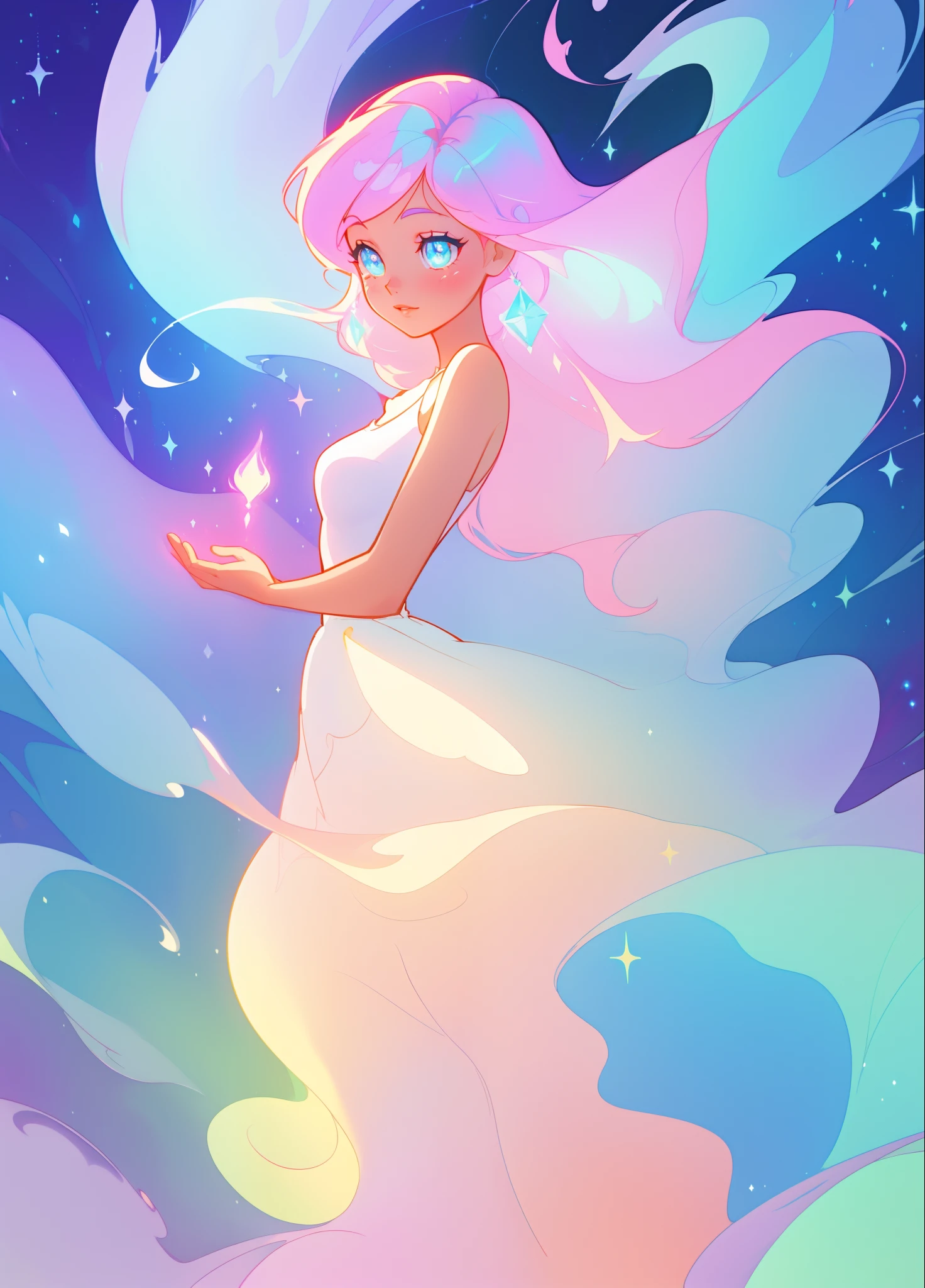 beautiful girl, puffy white layered ballgown, vibrant pastel colors, (colorful), long colorful liquid hair, magical lights, sparkling magical liquid, inspired by Glen Keane, inspired by Lois van Baarle, disney art style, by Lois van Baarle, glowing aura around her, by Glen Keane, jen bartel, glowing lights! digital painting, flowing glowing hair, glowing flowing hair, beautiful digital illustration, fantasia background, whimsical, magical, fantasy, ((masterpiece, best quality)), intricate details, highly detailed, sharp focus, 8k resolution, sparkling detailed eyes, liquid watercolor