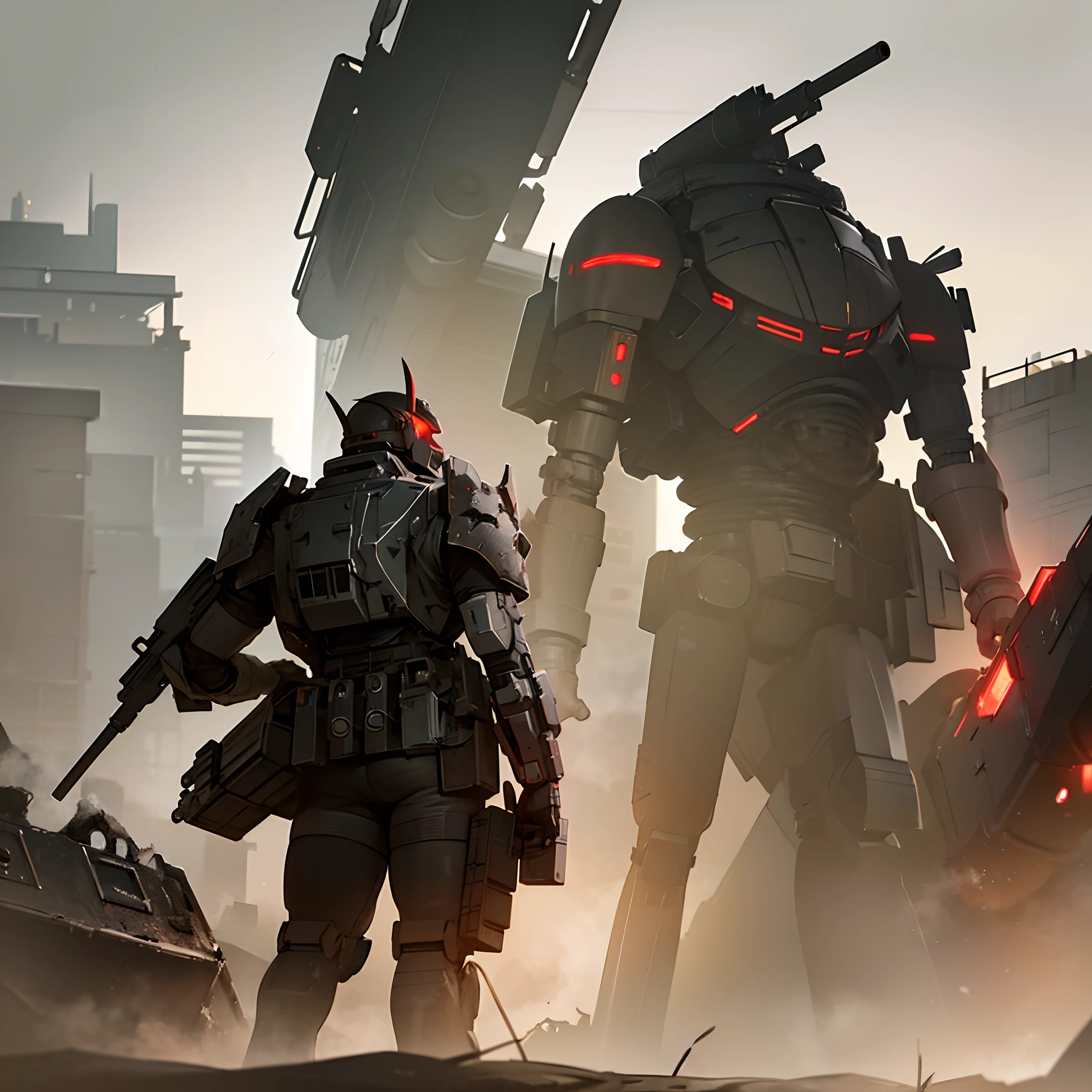 A mecha, holding a beam rifle, militaristic mech, armoured core 6 mech,dark gritty atmosphere,red visors, warzone, surrounded by destroyed buildings,