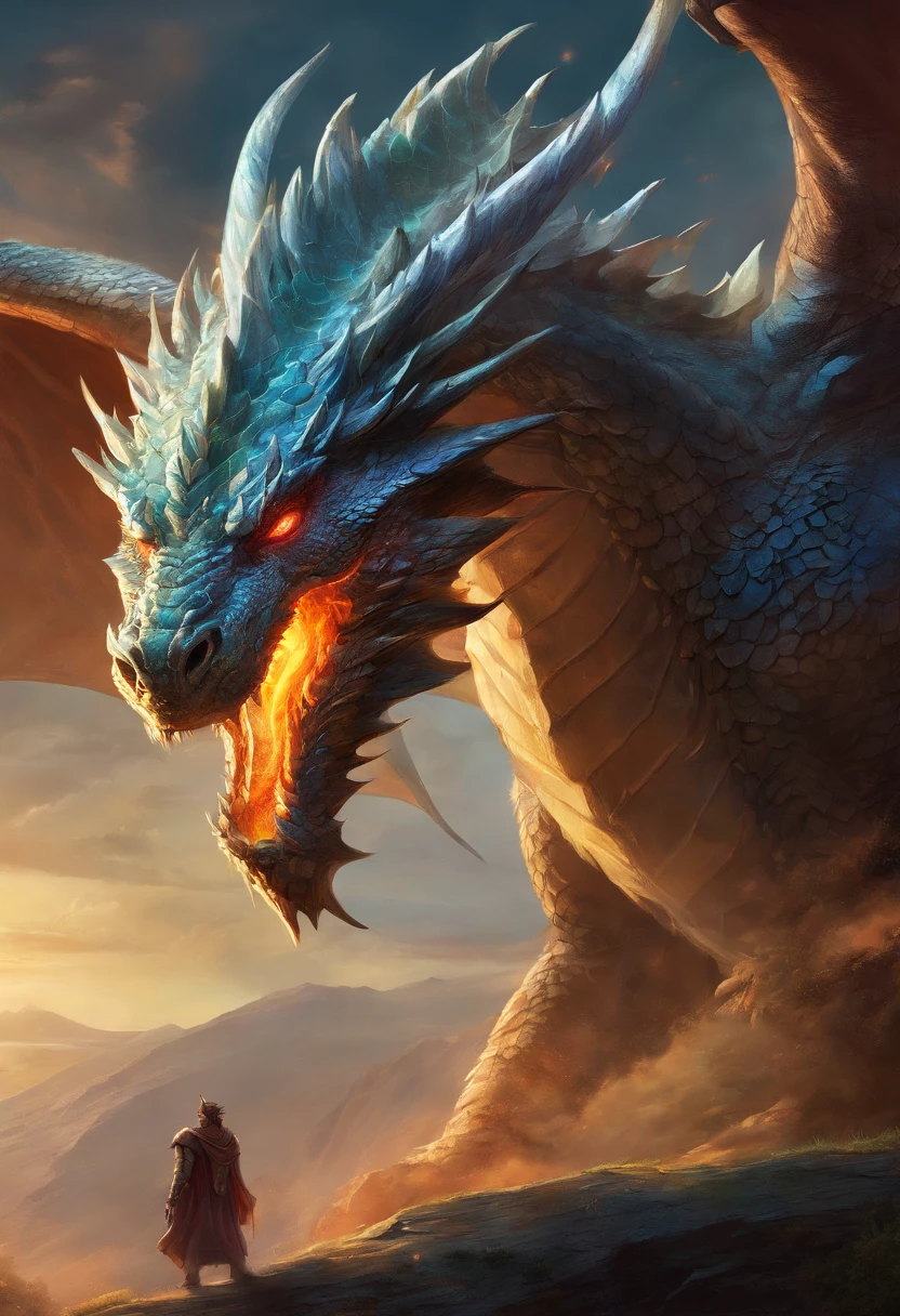 Close-up of a dragon with a large head,Blue-eyed White Dragon Tenryu,Huge dragon background,yugioh art style,Legendary Dragon,colossal dragon in background,Crystal Dragon,yugioh card,sliver ice color reflected armor。