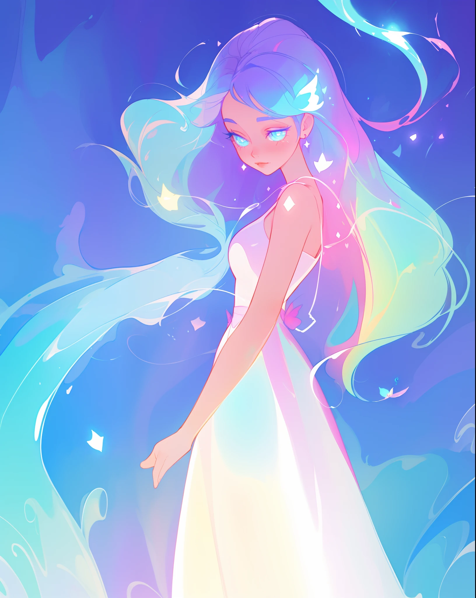 beautiful girl, simple white princess ballgown, vibrant pastel colors, (colorful), colorful flowing long liquid hair, magical lights, sparkling magical liquid, inspired by Glen Keane, inspired by Lois van Baarle, disney art style, by Lois van Baarle, glowing aura around her, by Glen Keane, jen bartel, glowing lights! digital painting, flowing glowing hair, glowing flowing hair, beautiful digital illustration, fantasia background, whimsical, magical, fantasy, ((masterpiece, best quality)), intricate details, highly detailed, sharp focus, 8k resolution, sparkling detailed eyes, liquid watercolor