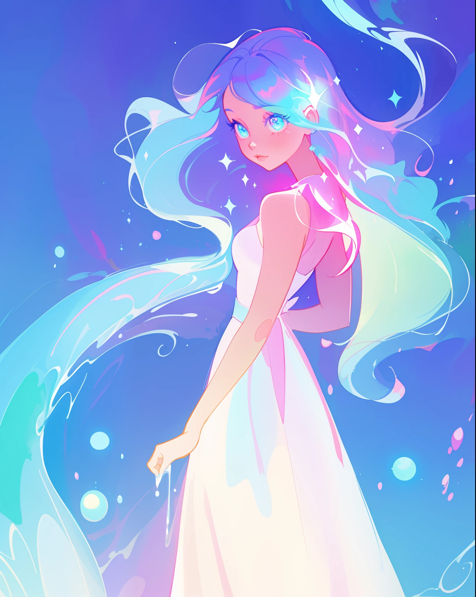 beautiful girl, simple white princess ballgown, vibrant pastel colors, (colorful), colorful flowing long liquid hair, magical lights, sparkling magical liquid, inspired by Glen Keane, inspired by Lois van Baarle, disney art style, by Lois van Baarle, glowing aura around her, by Glen Keane, jen bartel, glowing lights! digital painting, flowing glowing hair, glowing flowing hair, beautiful digital illustration, fantasia background, whimsical, magical, fantasy, ((masterpiece, best quality)), intricate details, highly detailed, sharp focus, 8k resolution, sparkling detailed eyes, liquid watercolor