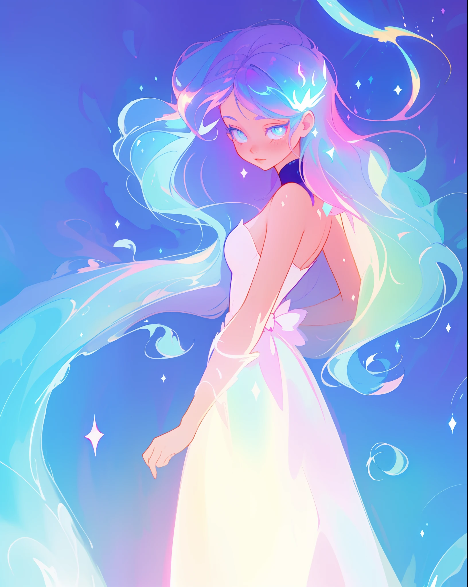 beautiful girl, simple white princess ballgown, vibrant pastel colors, (colorful), colorful flowing long liquid hair, magical lights, sparkling magical liquid, inspired by Glen Keane, inspired by Lois van Baarle, disney art style, by Lois van Baarle, glowing aura around her, by Glen Keane, jen bartel, glowing lights! digital painting, flowing glowing hair, glowing flowing hair, beautiful digital illustration, fantasia background, whimsical, magical, fantasy, ((masterpiece, best quality)), intricate details, highly detailed, sharp focus, 8k resolution, sparkling detailed eyes, liquid watercolor