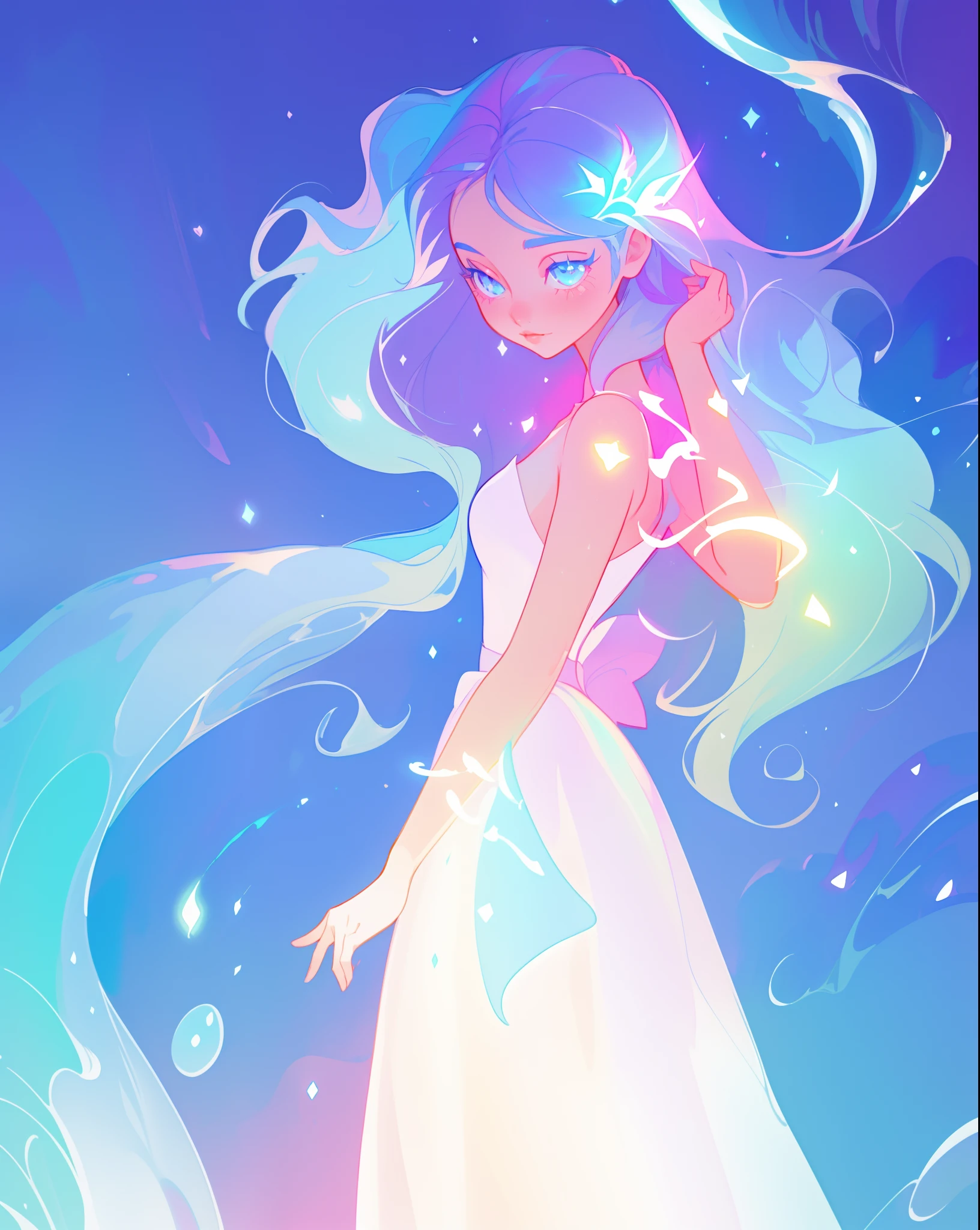 beautiful girl, simple white princess ballgown, vibrant pastel colors, (colorful), colorful flowing long liquid hair, magical lights, sparkling magical liquid, inspired by Glen Keane, inspired by Lois van Baarle, disney art style, by Lois van Baarle, glowing aura around her, by Glen Keane, jen bartel, glowing lights! digital painting, flowing glowing hair, glowing flowing hair, beautiful digital illustration, fantasia background, whimsical, magical, fantasy, ((masterpiece, best quality)), intricate details, highly detailed, sharp focus, 8k resolution, sparkling detailed eyes, liquid watercolor