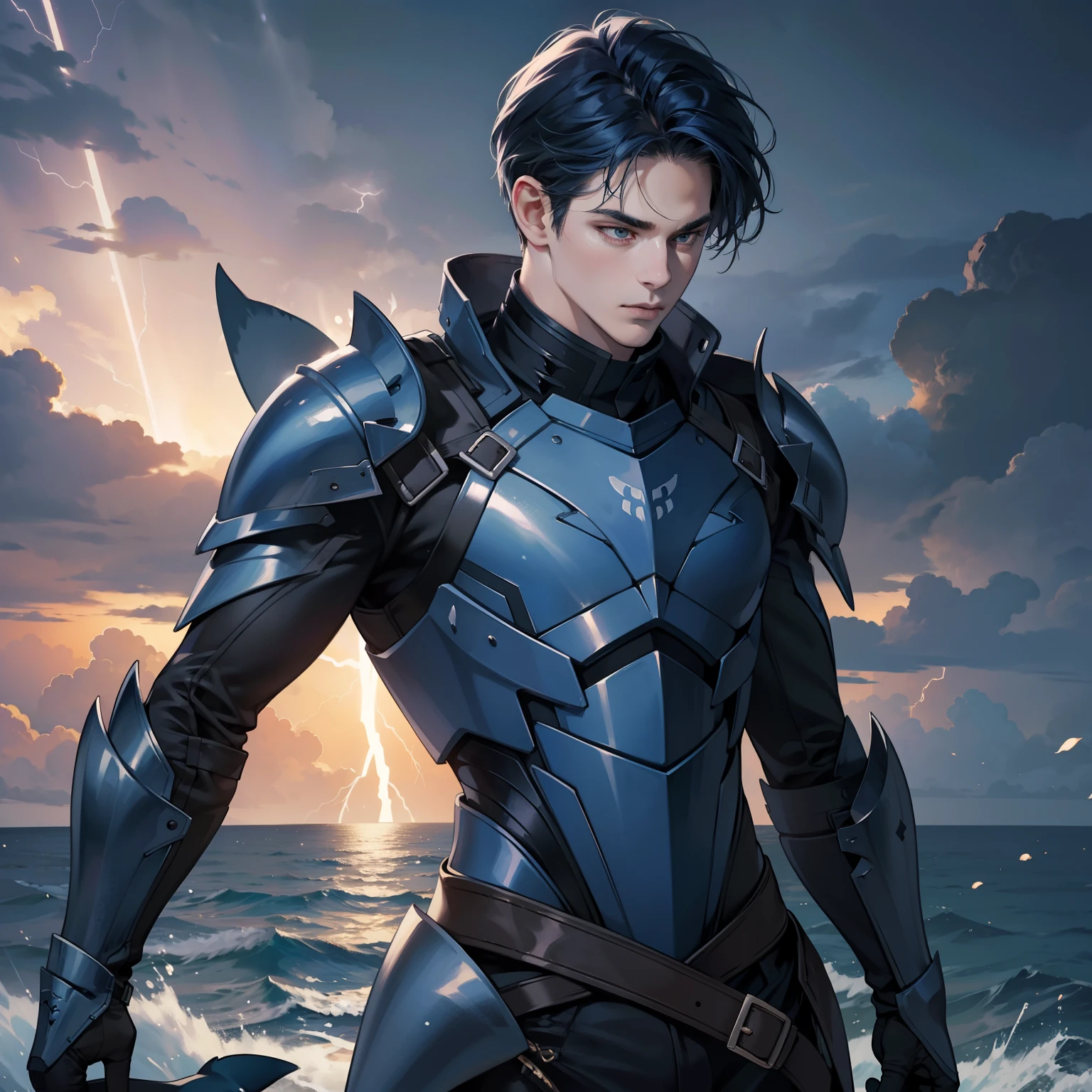 Masterpiece, high quality, best quality, HD, realistic, perfect lighting, detailed body, 1 man, dark blue hair, calm expression, shark armor, lightning background.