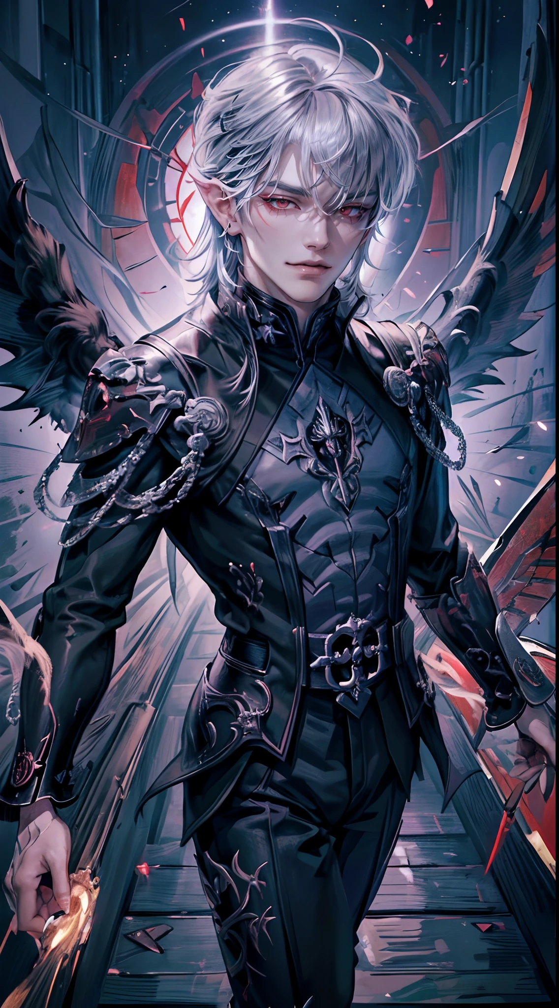 ((4K works))、​masterpiece、（top-quality)、((high-level image quality))、((One Beautiful Fallen Angel Man))、((King of Fallen Angels))、Slim body、((Vampire Black Y-Shirt Fashion))、(Detailed beautiful eyes)、((Fantastic English corridor))、Corridors in an evil English castle、((Face similar to Chaewon in Ruseraphim))、((Fallen Angel Longhair))、(((bright silver hair)))、((Smaller face))、((Neutral face))、((Evil face))、((Red Eyes))、((Korean Male))、((50 years old))、((wild boy))、((Evil look))、((angry expressions))、((Show your teeth and smile))、((Korean makeup with black eyeshadow))、((elongated and sharp eyes))、((Shot alone))、((Fallen angels))、Photos of fallen angels、Villain、Dark Proof、((Shot from diagonally in front))、((He is walking in front of the viewer))