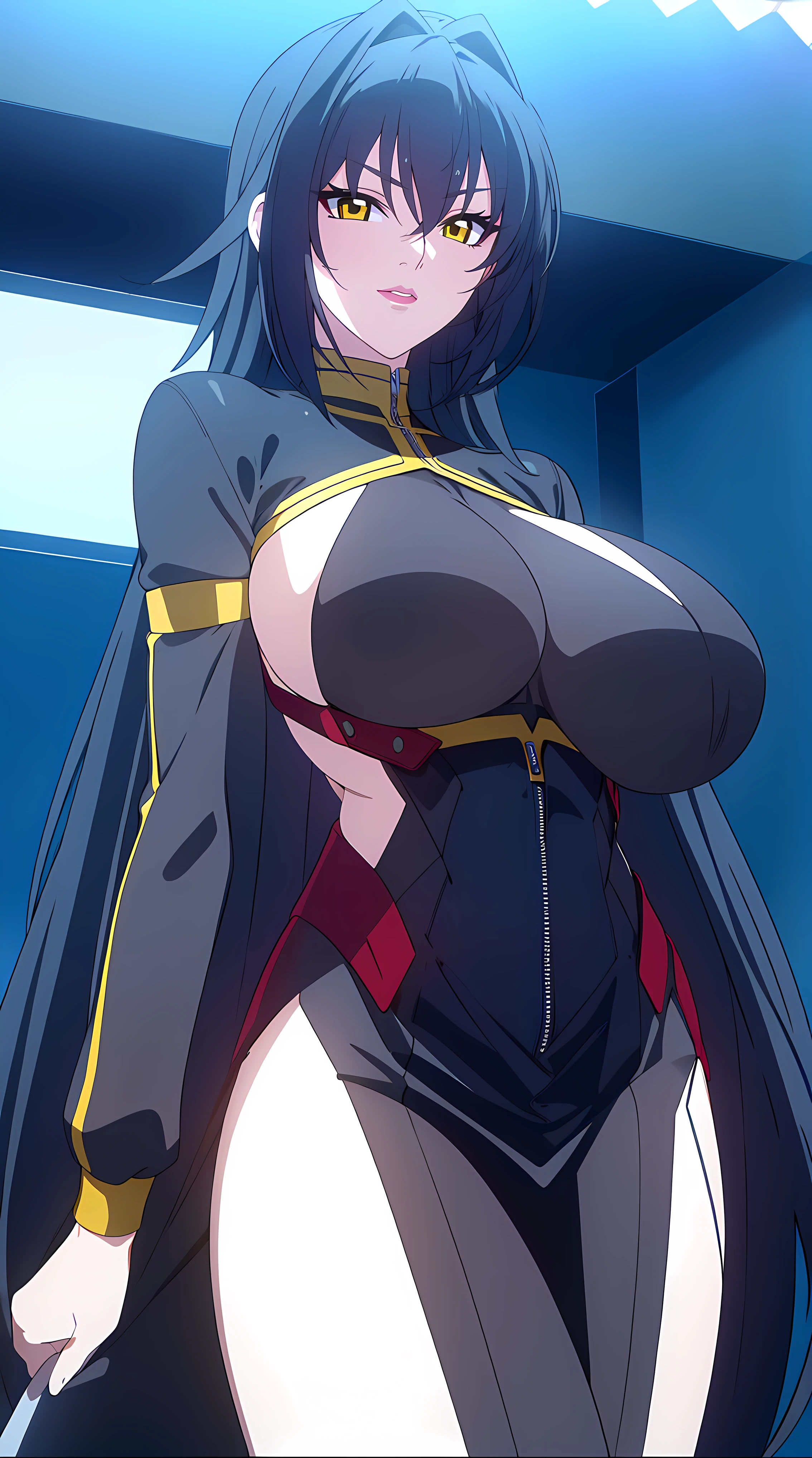 professional artwork, Intricate Details, field of view, sharp focus, detailed painting, photorealistic lighting, trending on pixiv, (masterpiece:1.0),(best_quality:1.0), ultra high res,4K,ultra-detailed, photography, 8K, HDR, highres, absurdres:1.2, Kodak portra 400, film grain, blurry background, bokeh:1.2, lens flare, (vibrant_color:1.2),
(Annerose:1), 1girl, female mature, black hair, long hair, yellow eyes, large breasts, bodysuit, shiny clothes, skin tight, hair intakes, covered breasts, pose invited, looking at viewer,
simple plain white background, (solo:1.5),