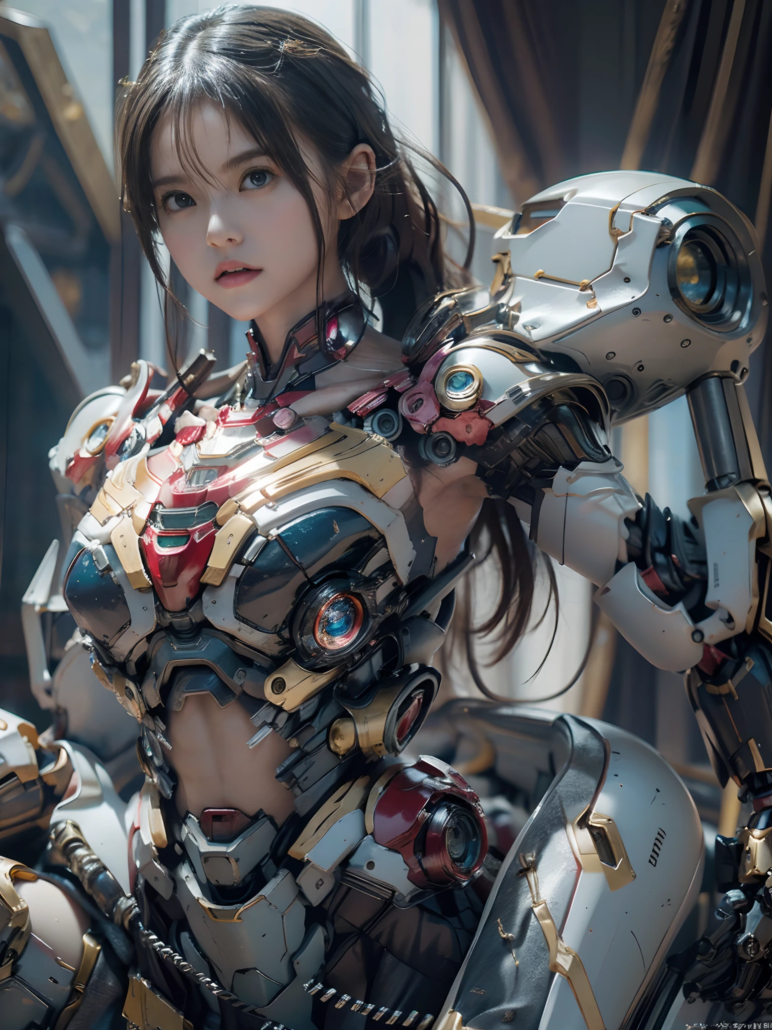 Intricate details, Super Intricate Details, (navel-baring) (Big Gem: 1.3), (girl_Standing_beside_Droid:1.2), Girls, ultra gigantic tits、((Chest Valley))、(Perfect detail face, Detailed eyes), BREAK Robot, (Giant Mech, Red and black armor, Blue eyes, Holding a rifle), Starry sky, sky line, Kamen Rider, (Gundam: 1.4), Gold Saint Seiya, Marvel movie Iron Man, (mechs) (Mechanical) (armor), professional RAW color photos, (Back Corner), (Lie down and raise your legs to expose your buttocks: 1.5), (cum on the body, Shoot in the chest, Face, For hair): 1.2) (itting open legs: 1.3), Perfect, (Wide Angle), (Rule of Threes), perfect leg, (Pendants) (Color Gemstones) Knee flexion, perfect foot, Panties close-up, Sweat, water dripping, Best Quality, masutepiece, Super Resolution, (reality: 1.4), 1 girl, Bare shoulders, crazy detail details, (Hip Fold: 1.5), lower chest, Side chest, Unrealistic Engine Style, Boca Effect, David La Chapelle style shots, Bioluminescent color palette: Lilac, Pale gold, Pale pink, bright white, Wide Angle, Ultra-fine, cinematic still life, Vibrant, saquimica style, Perfect eyes, highest image quality 16K, inspired by Canon EOS R 6 "Chaos 50,--, Harry Winston A masterpiece of mole photography under the eyes, Ray tracing, surrealism, Textured skin