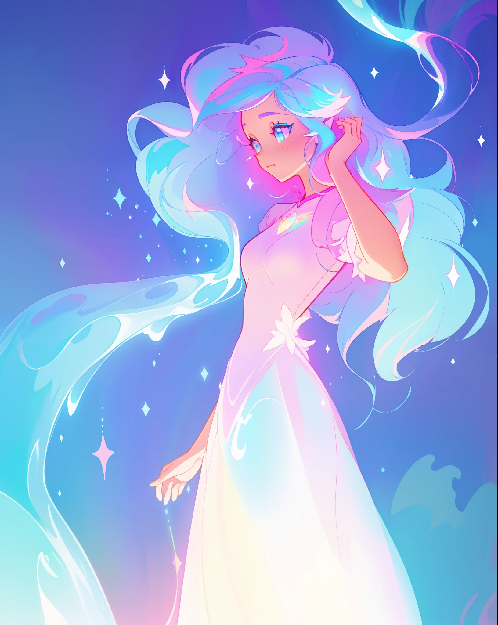 beautiful girl, simple white princess ballgown, vibrant pastel colors, (colorful), colorful flowing long liquid hair, magical lights, sparkling magical liquid, inspired by Glen Keane, inspired by Lois van Baarle, disney art style, by Lois van Baarle, glowing aura around her, by Glen Keane, jen bartel, glowing lights! digital painting, flowing glowing hair, glowing flowing hair, beautiful digital illustration, fantasia background, whimsical, magical, fantasy, ((masterpiece, best quality)), intricate details, highly detailed, sharp focus, 8k resolution, sparkling detailed eyes, liquid watercolor