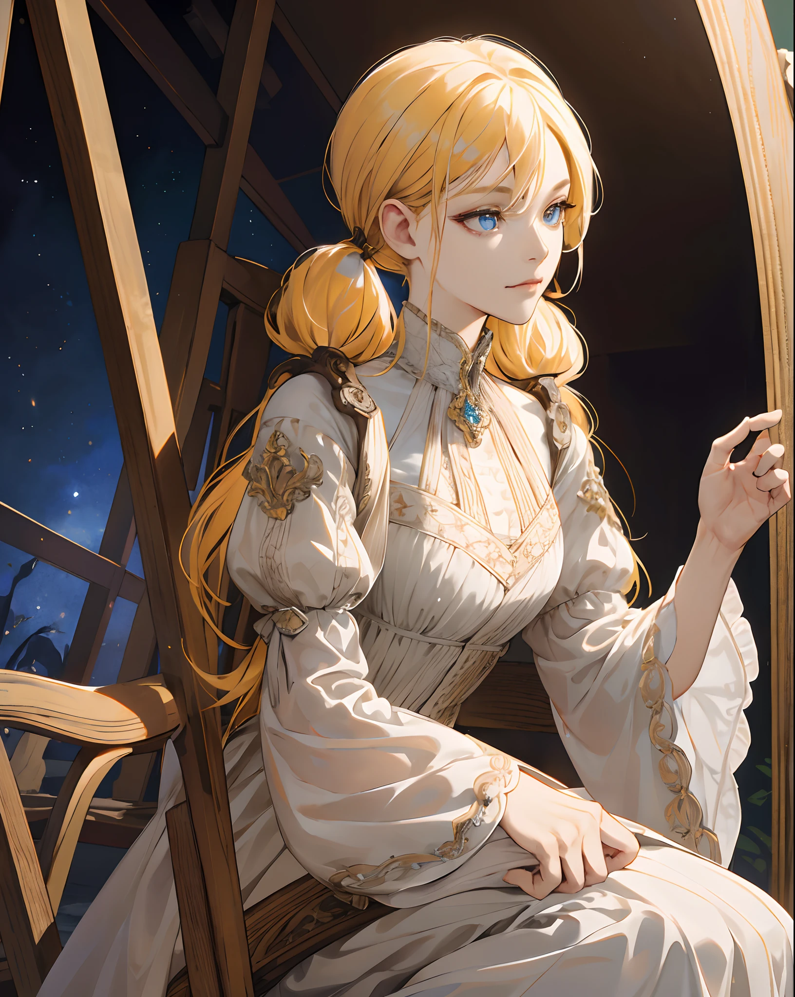 (absurd, highres, ultra detailed), 1girl, mature woman, intricate details, enlarged textures, intricate details, finely detailed eyes and detailed face, intricate details, honey yellow hair, (closed mouth), perfect eyes, matching eyes, low twintails, blue eyes, medieval Fantasy style clothing, fantasy style, noble dress, nobility dress, dress with skirt, white and brown dress, full body