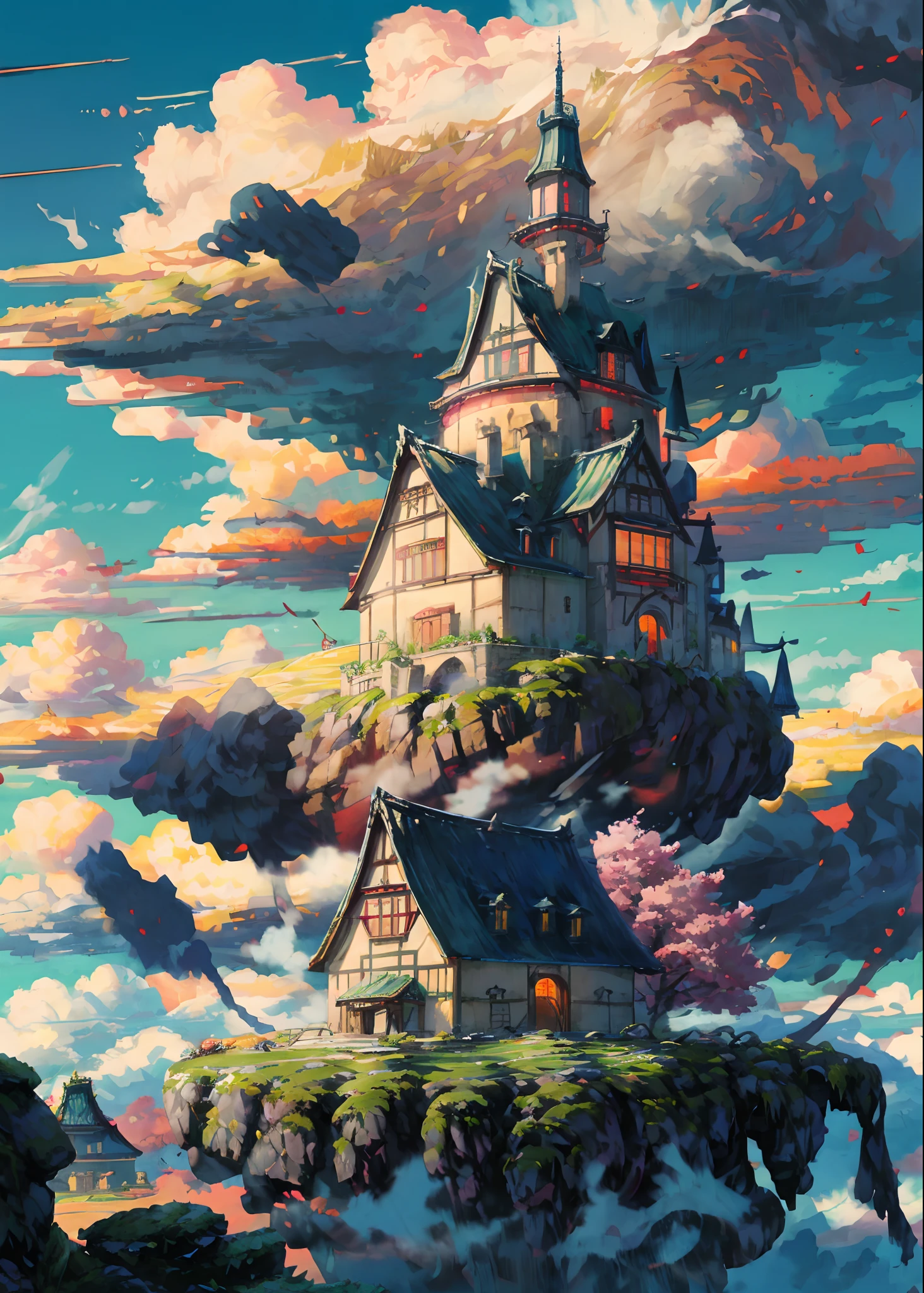 "A majestic castle  on a floating sky island, reminiscent of a japanese-style fortress, suspended above fluffy clouds, basking in the warm glow of the sun, radiating vibrant colors. Masterpiece."