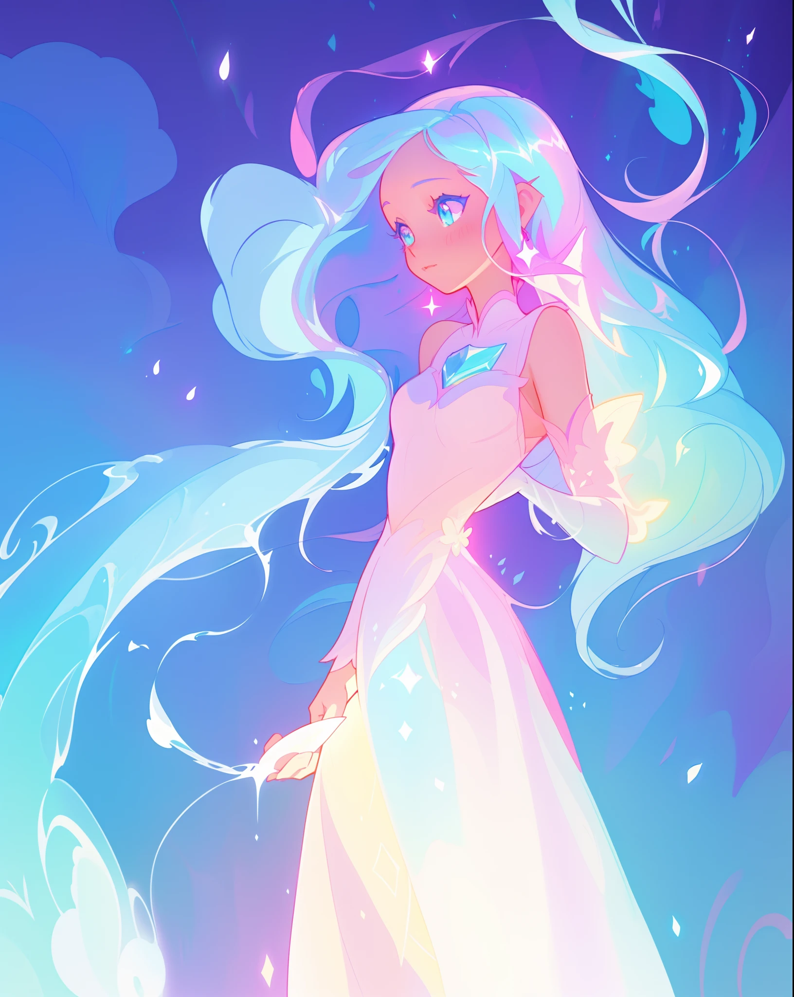 beautiful girl, simple white princess ballgown, vibrant pastel colors, (colorful), colorful flowing long liquid hair, magical lights, sparkling magical liquid, inspired by Glen Keane, inspired by Lois van Baarle, disney art style, by Lois van Baarle, glowing aura around her, by Glen Keane, jen bartel, glowing lights! digital painting, flowing glowing hair, glowing flowing hair, beautiful digital illustration, fantasia background, whimsical, magical, fantasy, ((masterpiece, best quality)), intricate details, highly detailed, sharp focus, 8k resolution, sparkling detailed eyes, liquid watercolor