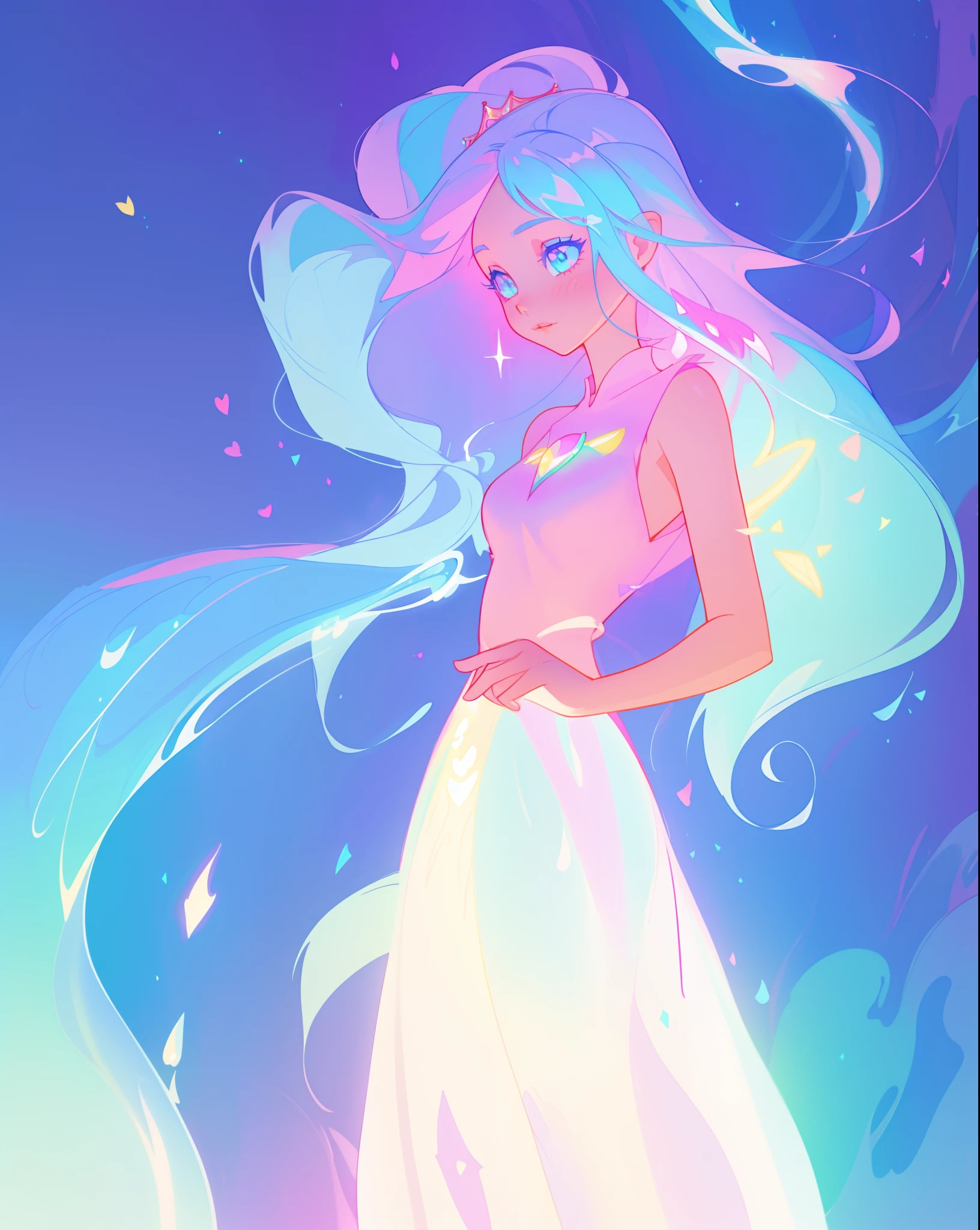 beautiful girl, simple white princess ballgown, vibrant pastel colors, (colorful), colorful flowing long liquid hair, magical lights, sparkling magical liquid, inspired by Glen Keane, inspired by Lois van Baarle, disney art style, by Lois van Baarle, glowing aura around her, by Glen Keane, jen bartel, glowing lights! digital painting, flowing glowing hair, glowing flowing hair, beautiful digital illustration, fantasia background, whimsical, magical, fantasy, ((masterpiece, best quality)), intricate details, highly detailed, sharp focus, 8k resolution, sparkling detailed eyes, liquid watercolor