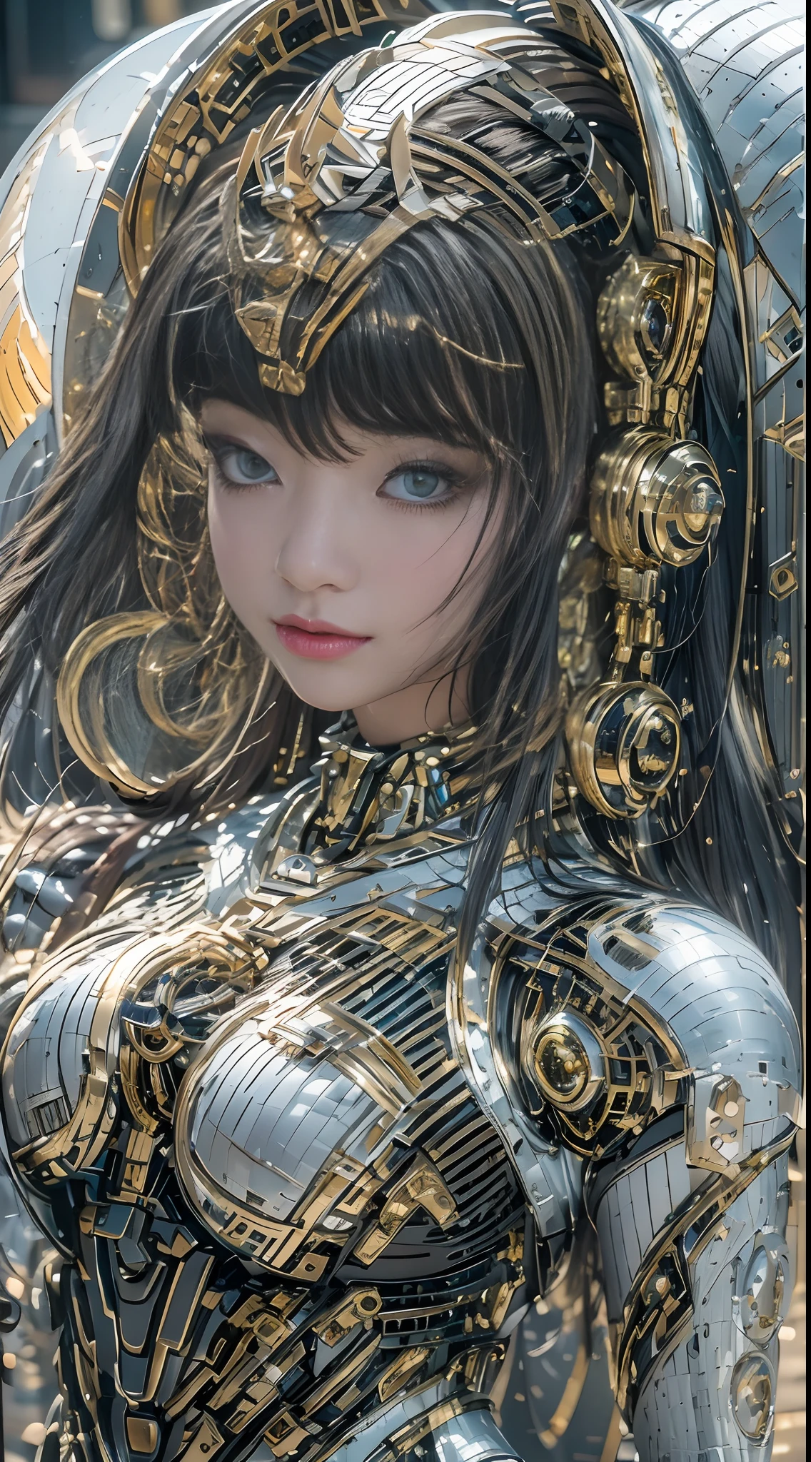 top-quality、​masterpiece、超A high resolution、(Photorealsitic:1.4)、Raw photo、Battle Cyborg Goddess、large Ornaments made of metal、White porcelain body、Acrylic Clear Cover、black  hair、glowy skin、1 Cyborg Girl、((super realistic details))、portlate、global illumination、Shadow、octan render、8K、ultrasharp、character edge light, Details of complex ornaments、(Ancient Egyptian Cyborg:1.2), Giger Details、Hydraulic cylinder、Small LED lamp、(gold:1.3), highly intricate detail、Realistic light、radiant eyes、Facing the camera、neon details、Futuristic headgear、Cyberpunk, (headgear:1), ((Full-Body-Shot:1.4)), Goddess,