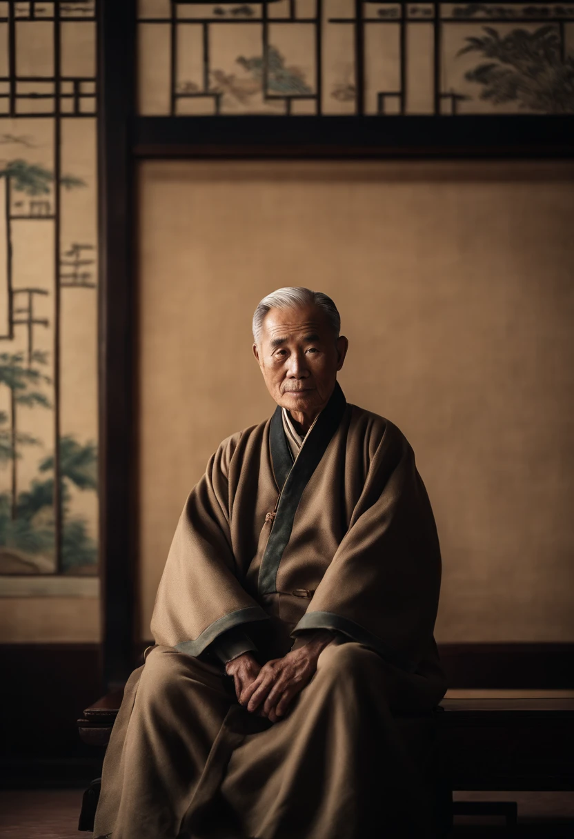 A old man，Chinese coat，Sit in the study，The background is a traditional Chinese painting，Slight smile，kind